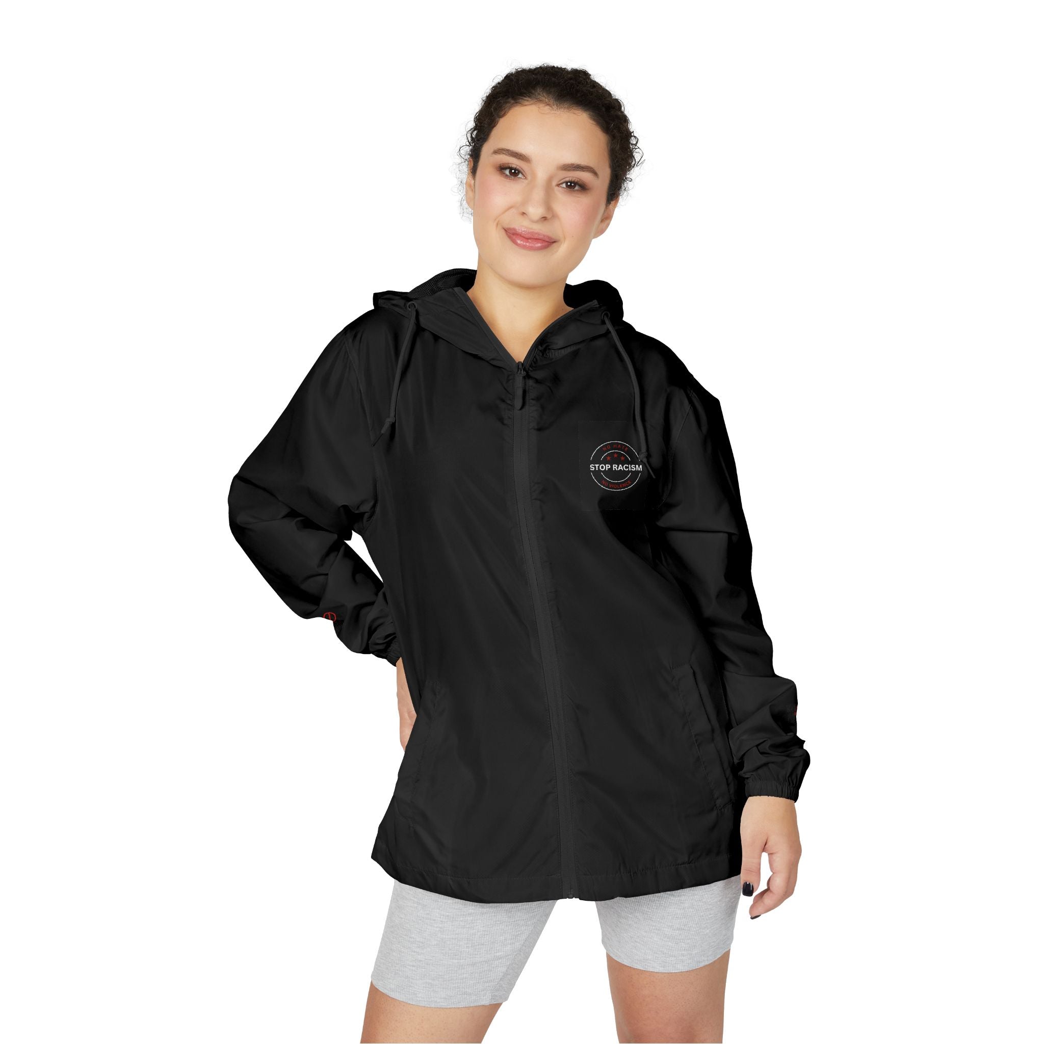 Windbreaker Jacket — Minimal White Camo Hooded Windbreaker with Small Chest Patch & Sleeve Logos