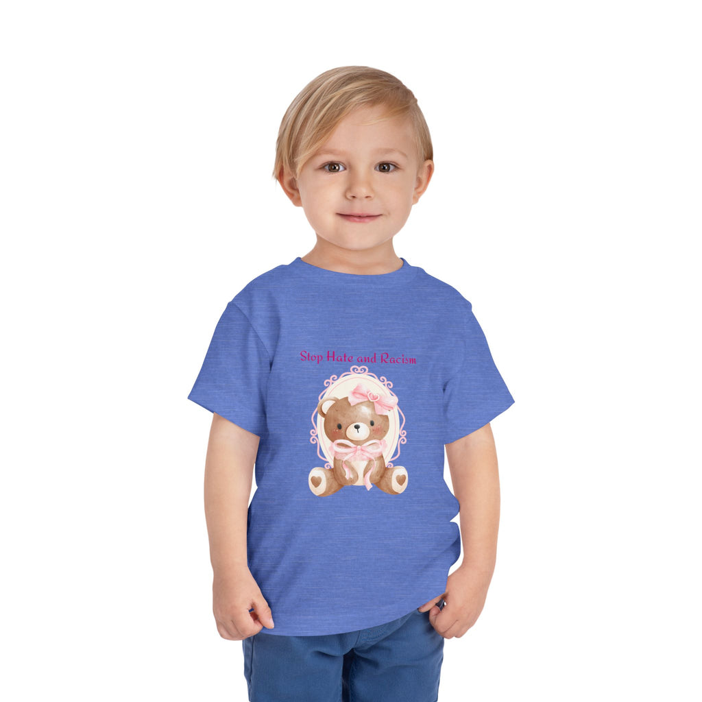 Toddler Tee – Pink Teddy "Stop Hate and Racism" Anti-Racism Kids Shirt