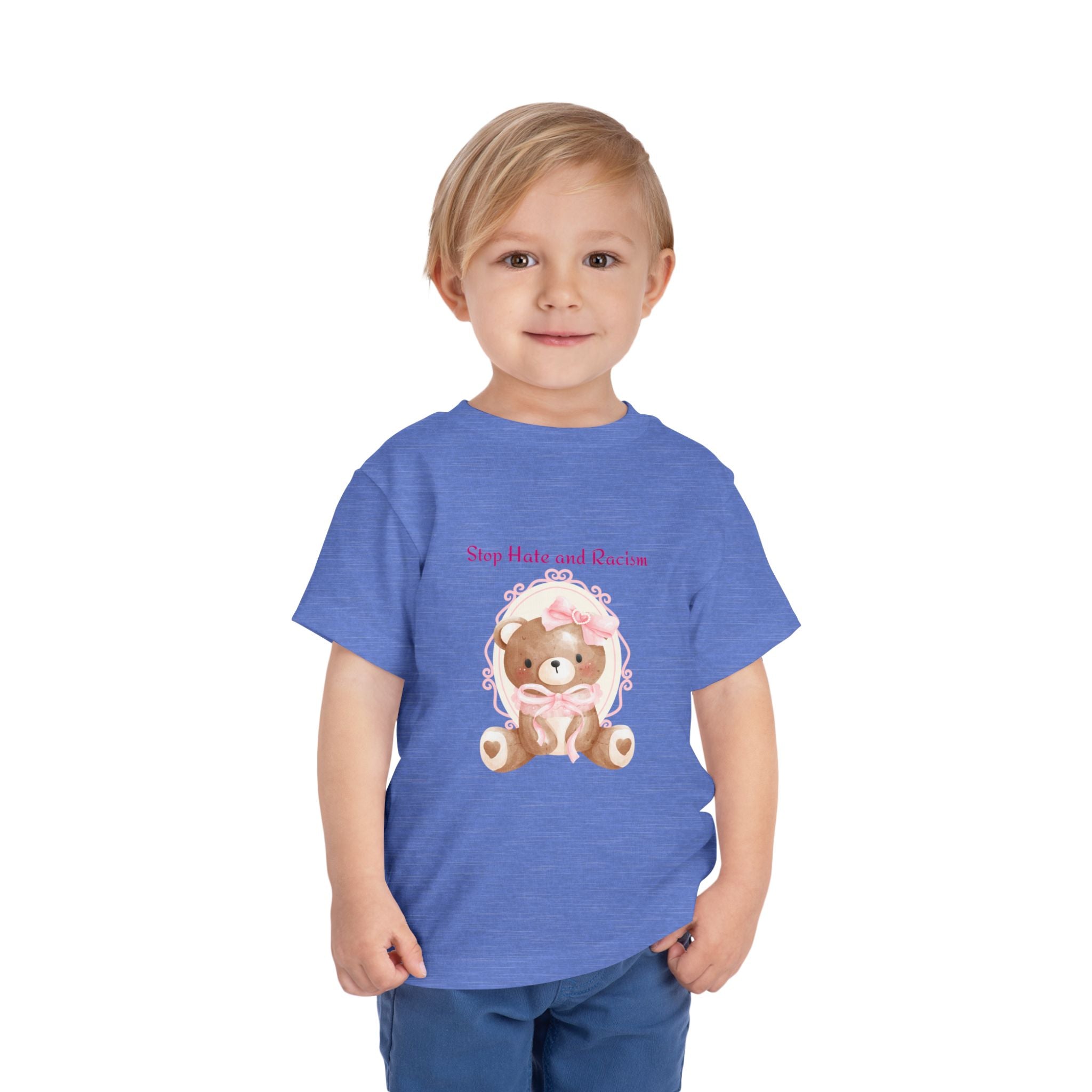 Toddler Tee – Pink Teddy "Stop Hate and Racism" Anti-Racism Kids Shirt