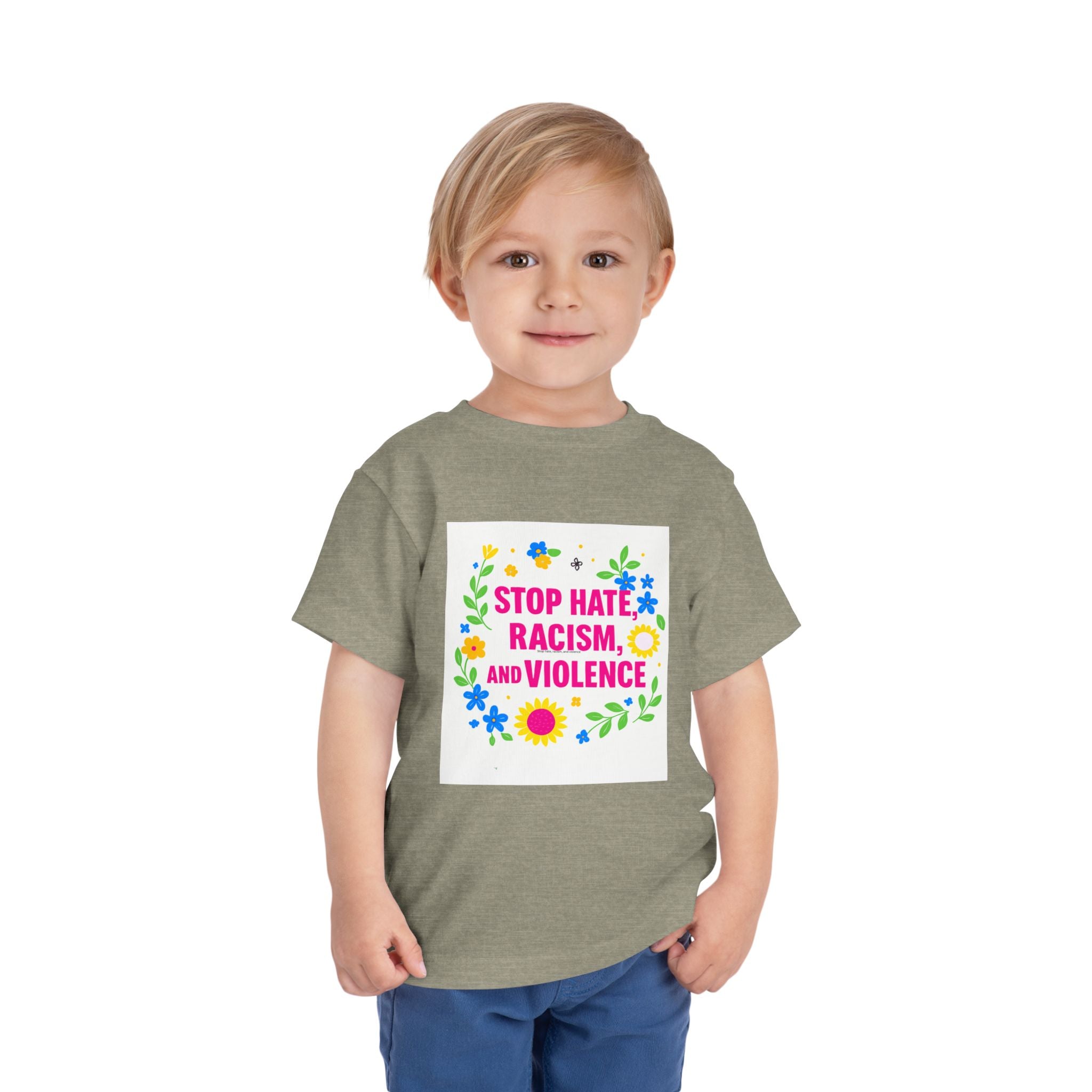 Toddler Tee — "Stop Hate, Racism, and Violence" Floral Anti-Racism Kids Shirt