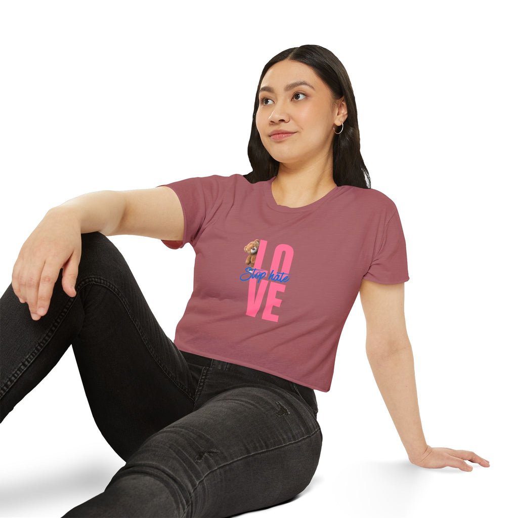 LOVE Festival Crop Top — 'Stop Hate' Pink Teddy Graphic