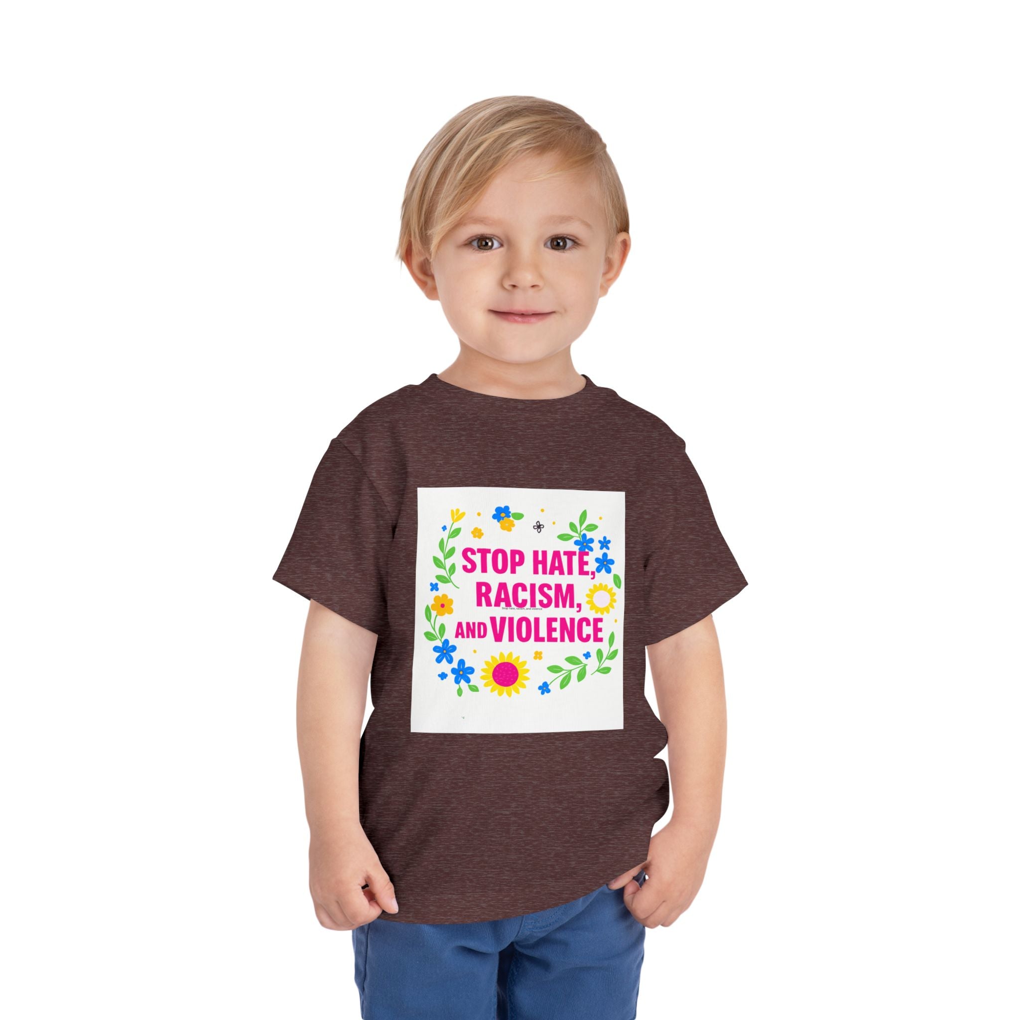 Toddler Tee — "Stop Hate, Racism, and Violence" Floral Anti-Racism Kids Shirt
