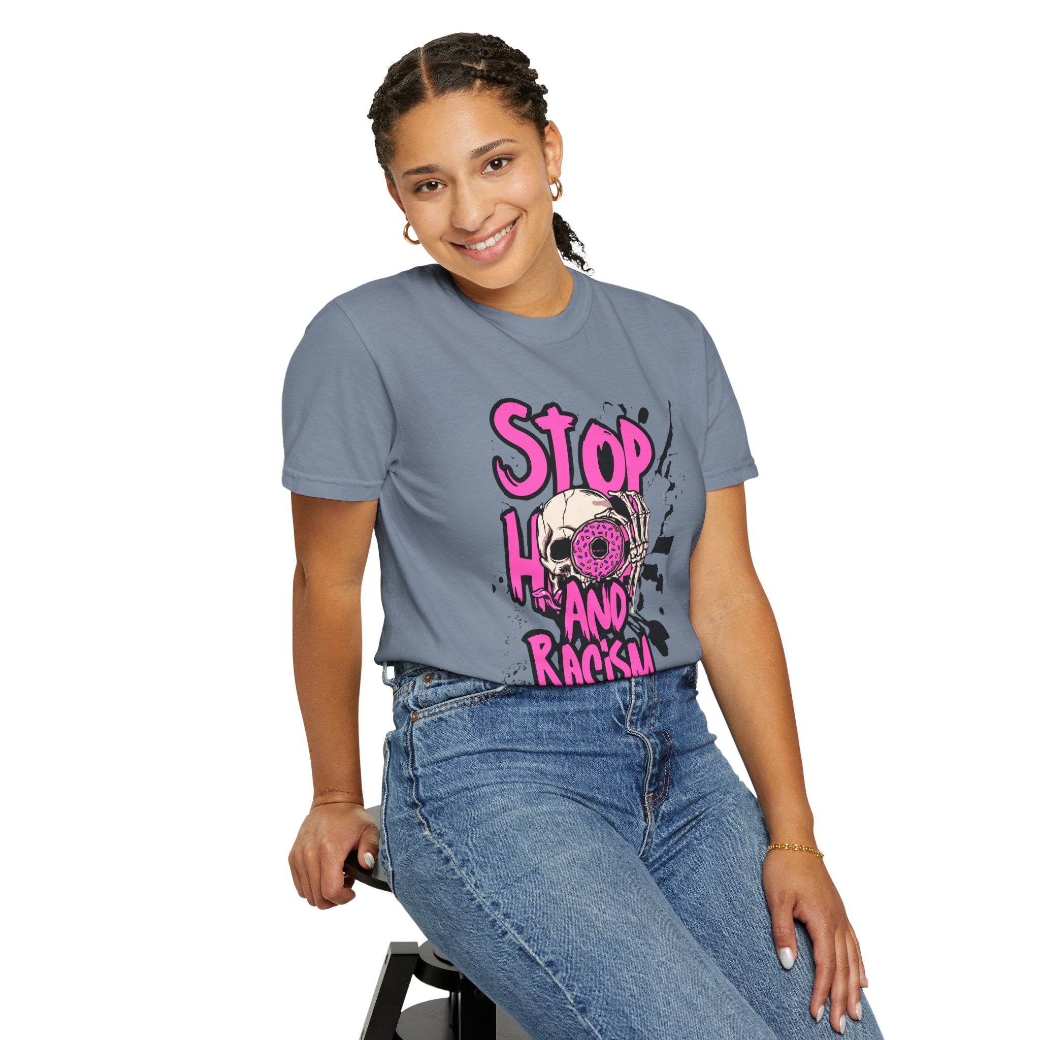 Stop H8 and Racism Graphic Tee — Anti-Racism Skull Donut Protest T-Shirt
