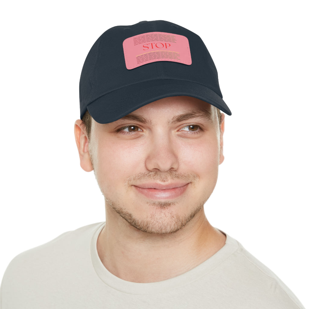 Leather Patch Dad Hat — 'STOP' Embossed Casual Baseball Cap