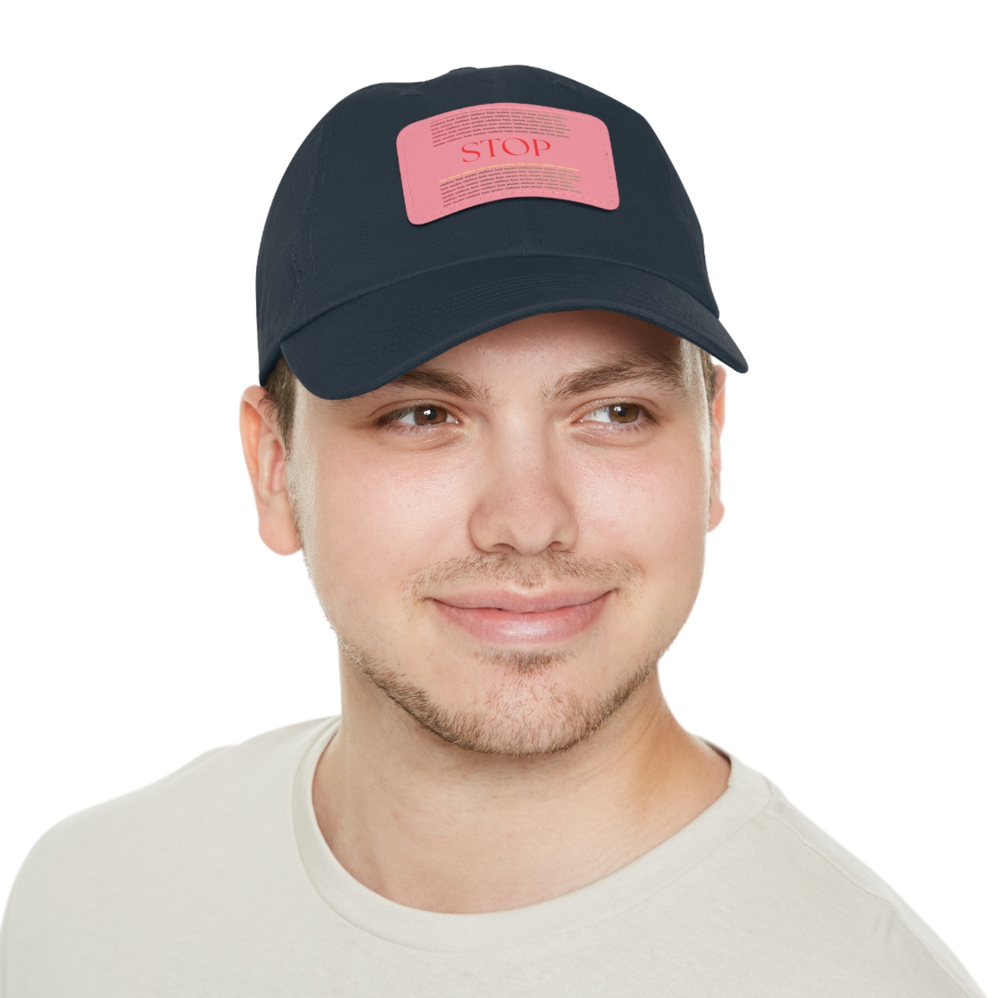 Leather Patch Dad Hat — 'STOP' Embossed Casual Baseball Cap