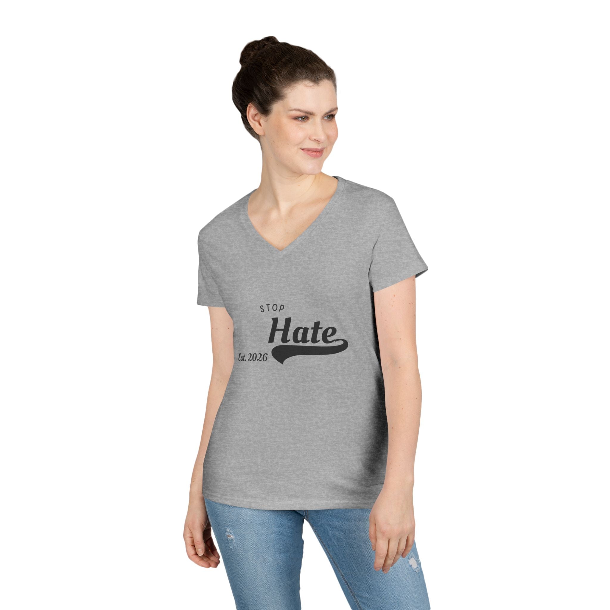 Ladies' V-Neck T-Shirt — "Stop Hate Est. 2026" Anti-Hate Message Tee