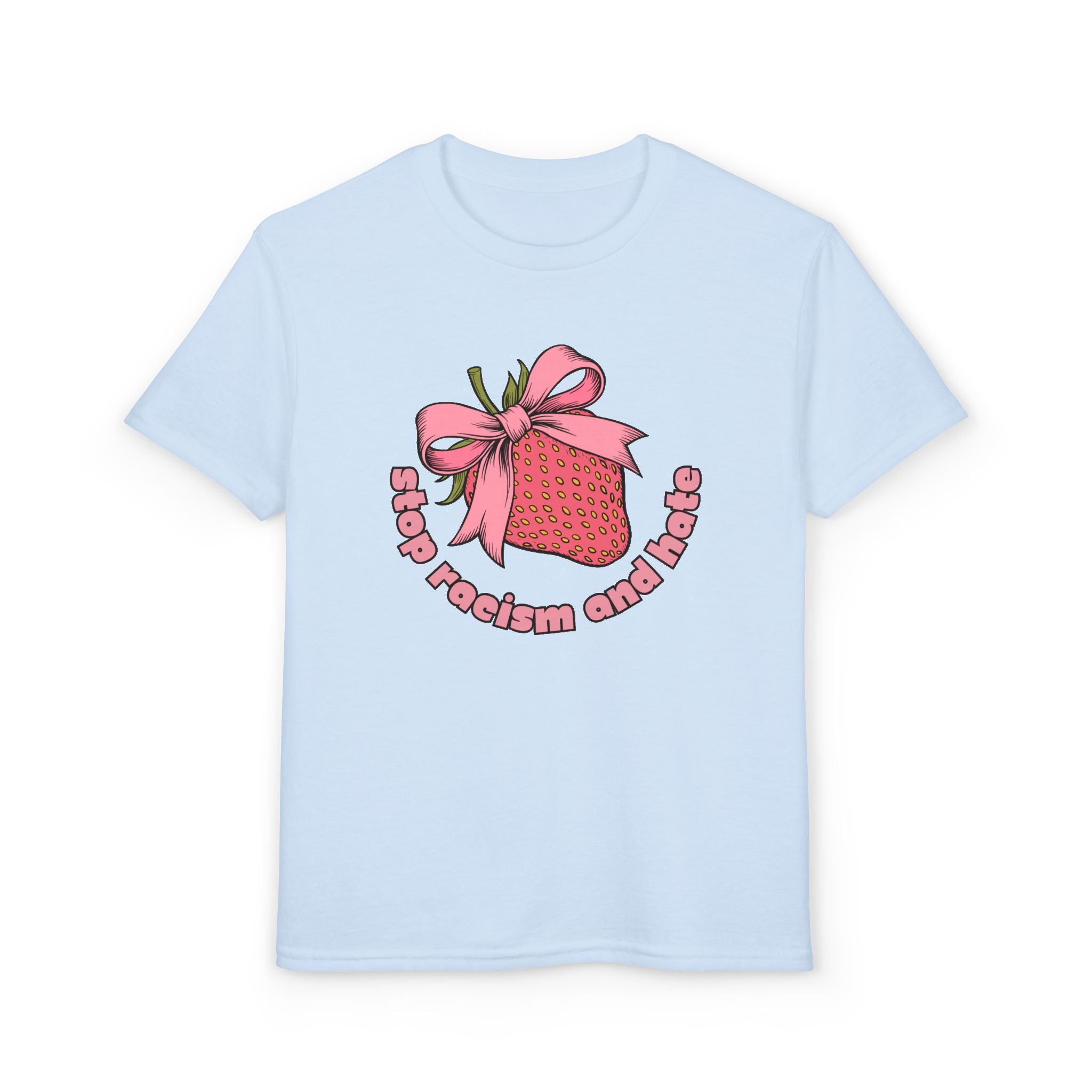 Youth T-Shirt — Cute Pink Gift Box Graphic with "Stop, Realism and Races" Slogan