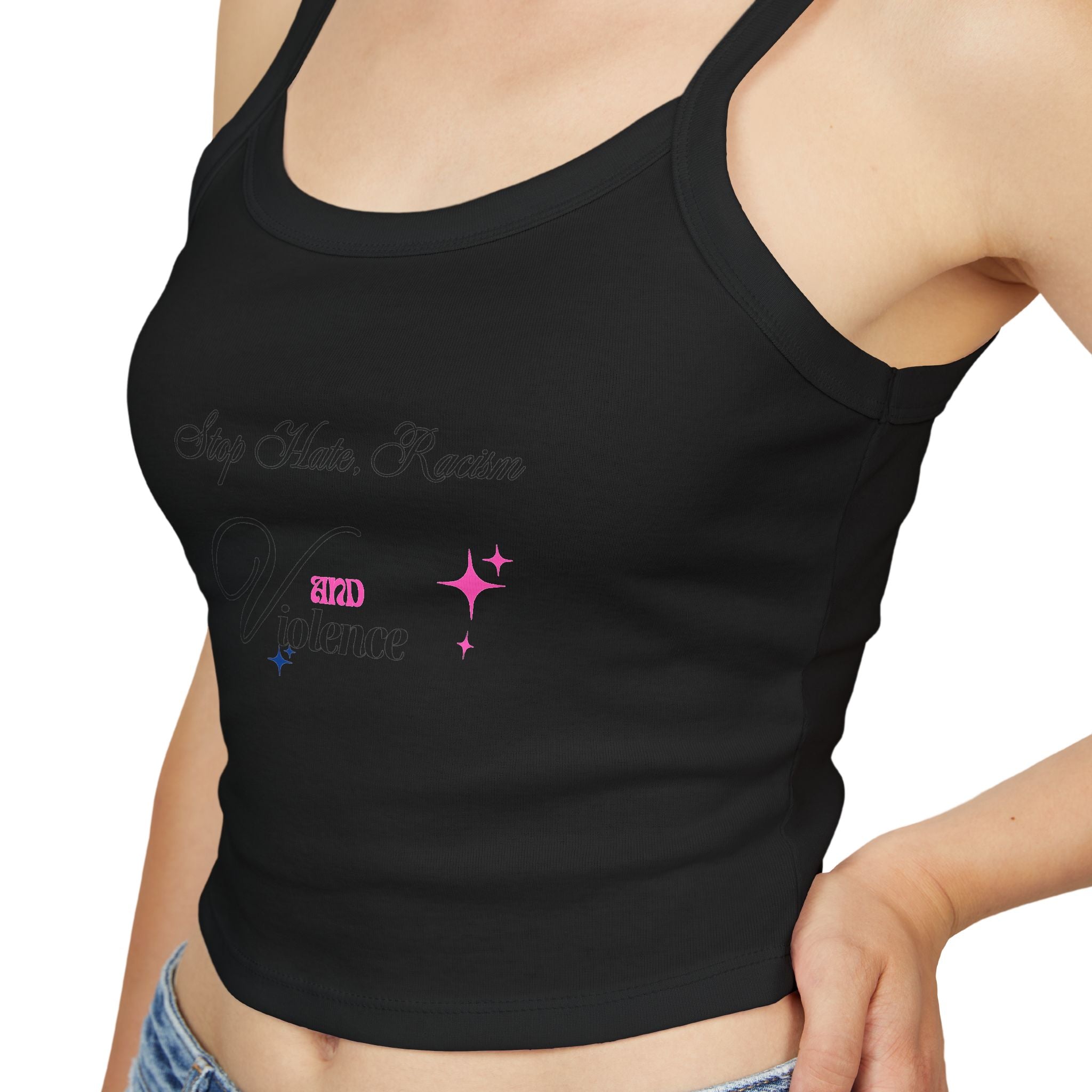 Women's Spaghetti Tank Top — "My Mom Knows Vibe" Pink Accent Crop