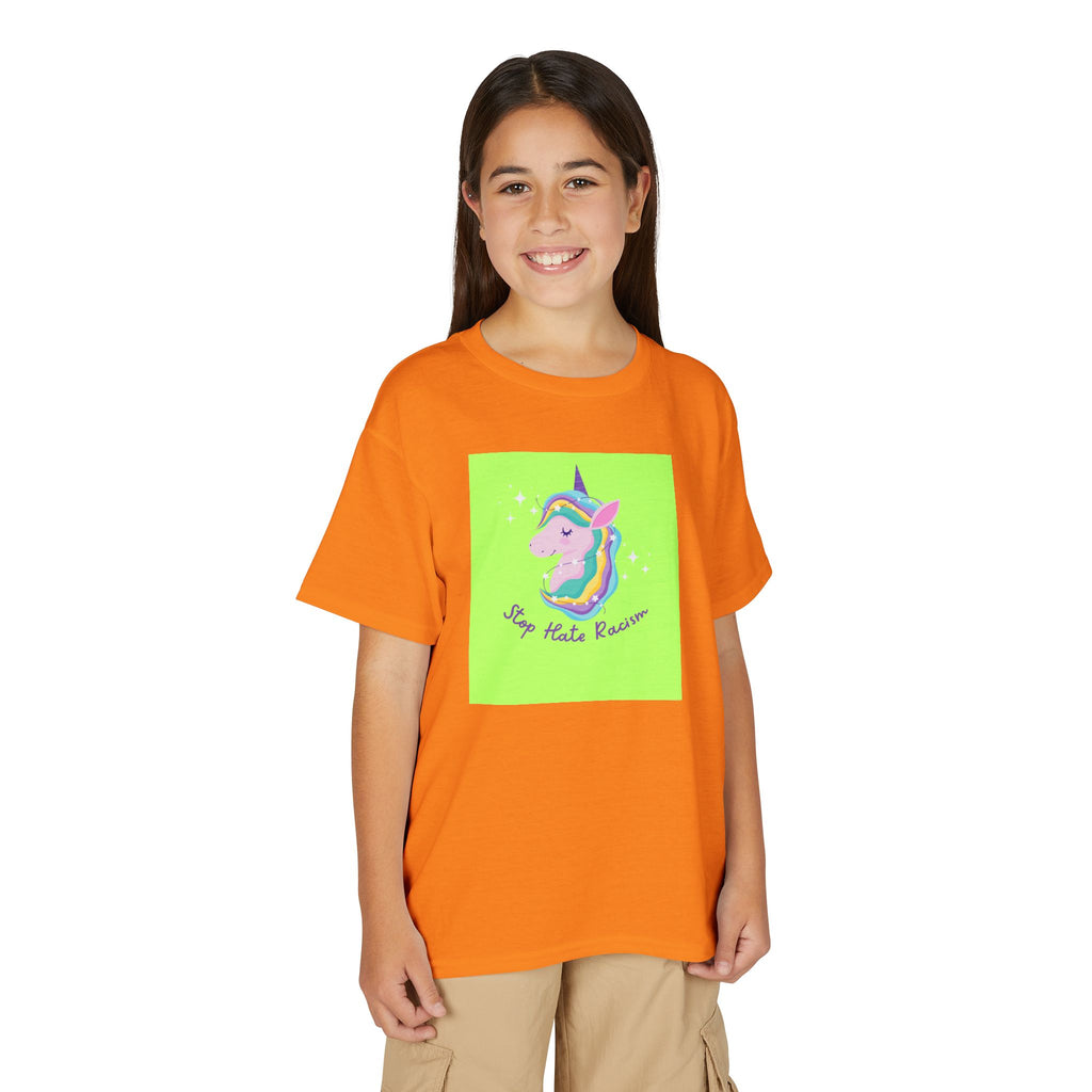 Youth T-Shirt — Rainbow Unicorn “Stop Hate Racism” Graphic