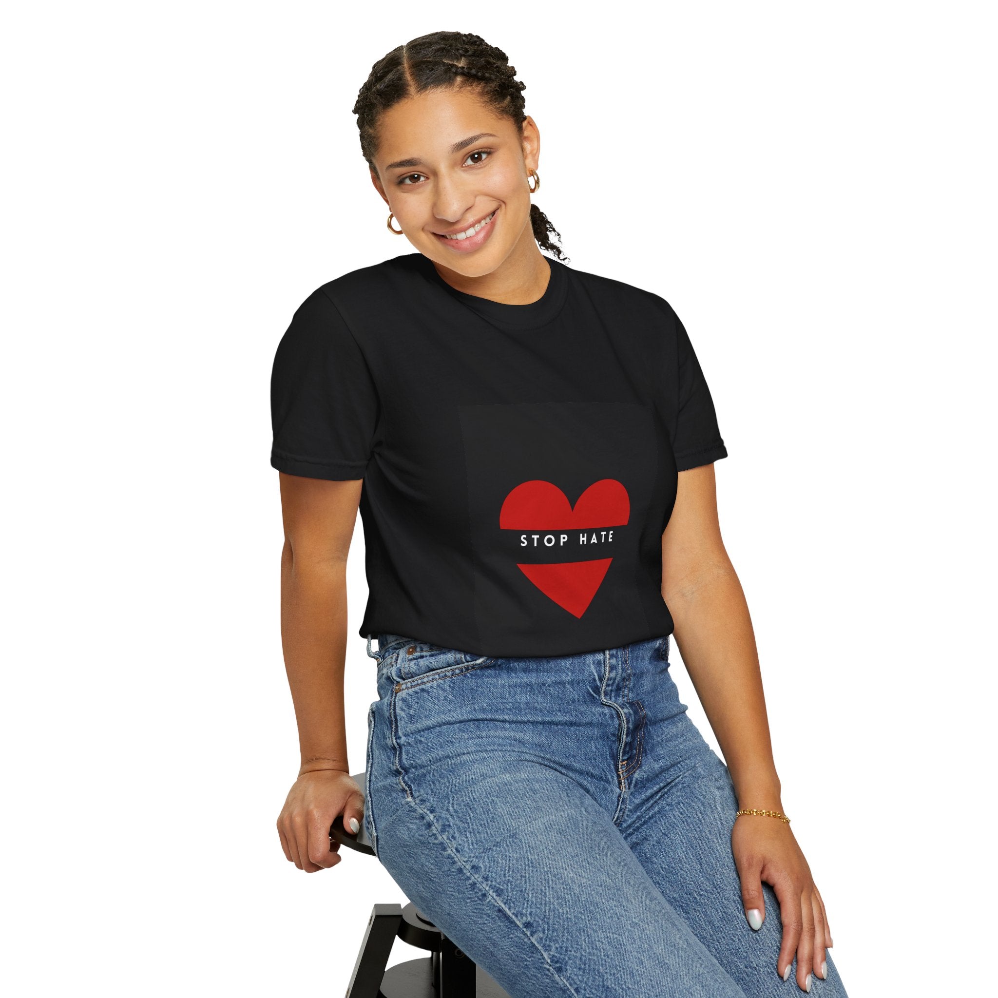 Stop Hate Heart T-Shirt — Red Heart Graphic Tee for Anti-Hate Awareness