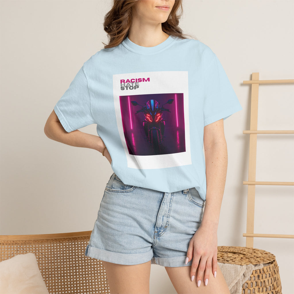 Anti-Racism Graphic T-Shirt — “Racism Stop” Neon Robot Design