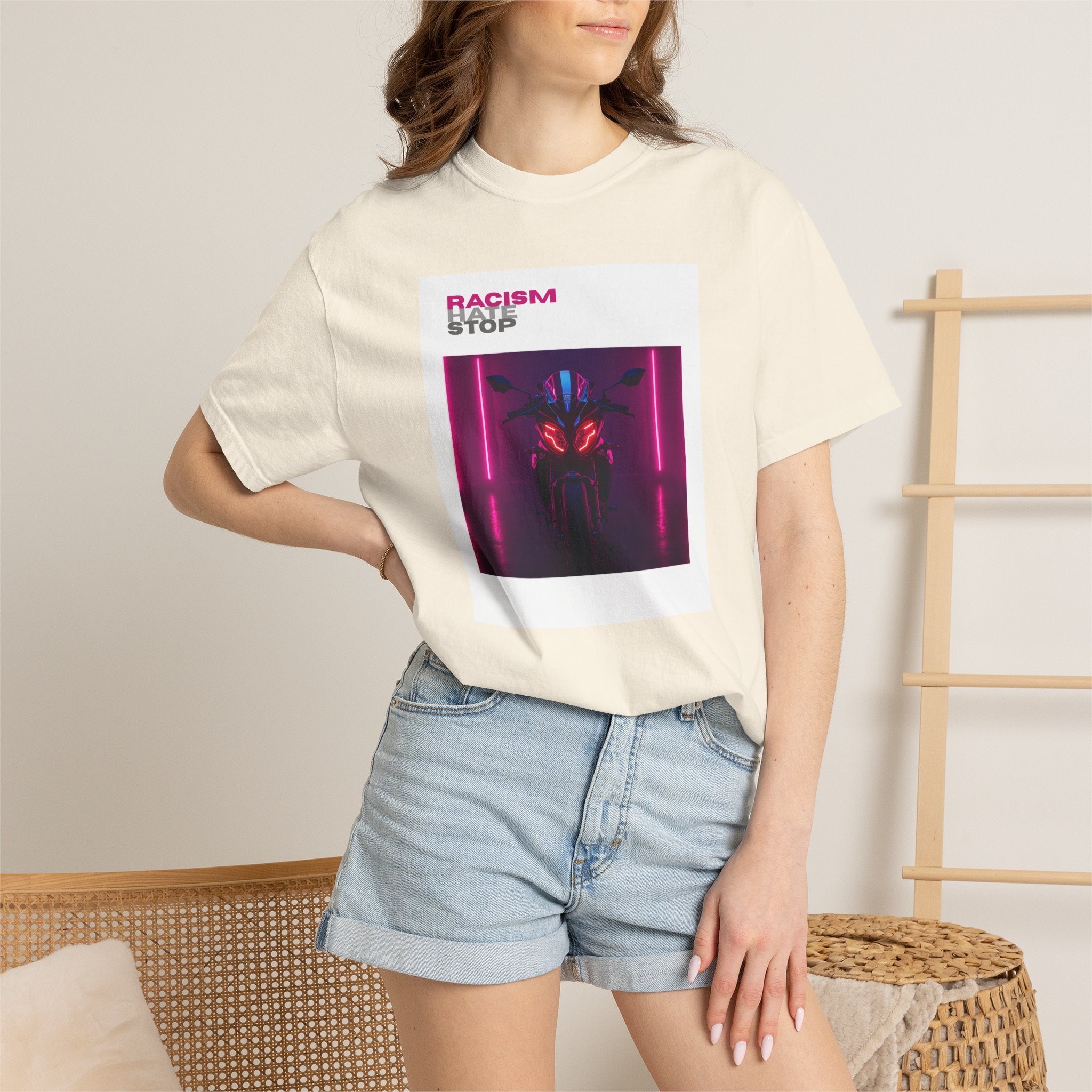 Anti-Racism Graphic T-Shirt — “Racism Stop” Neon Robot Design