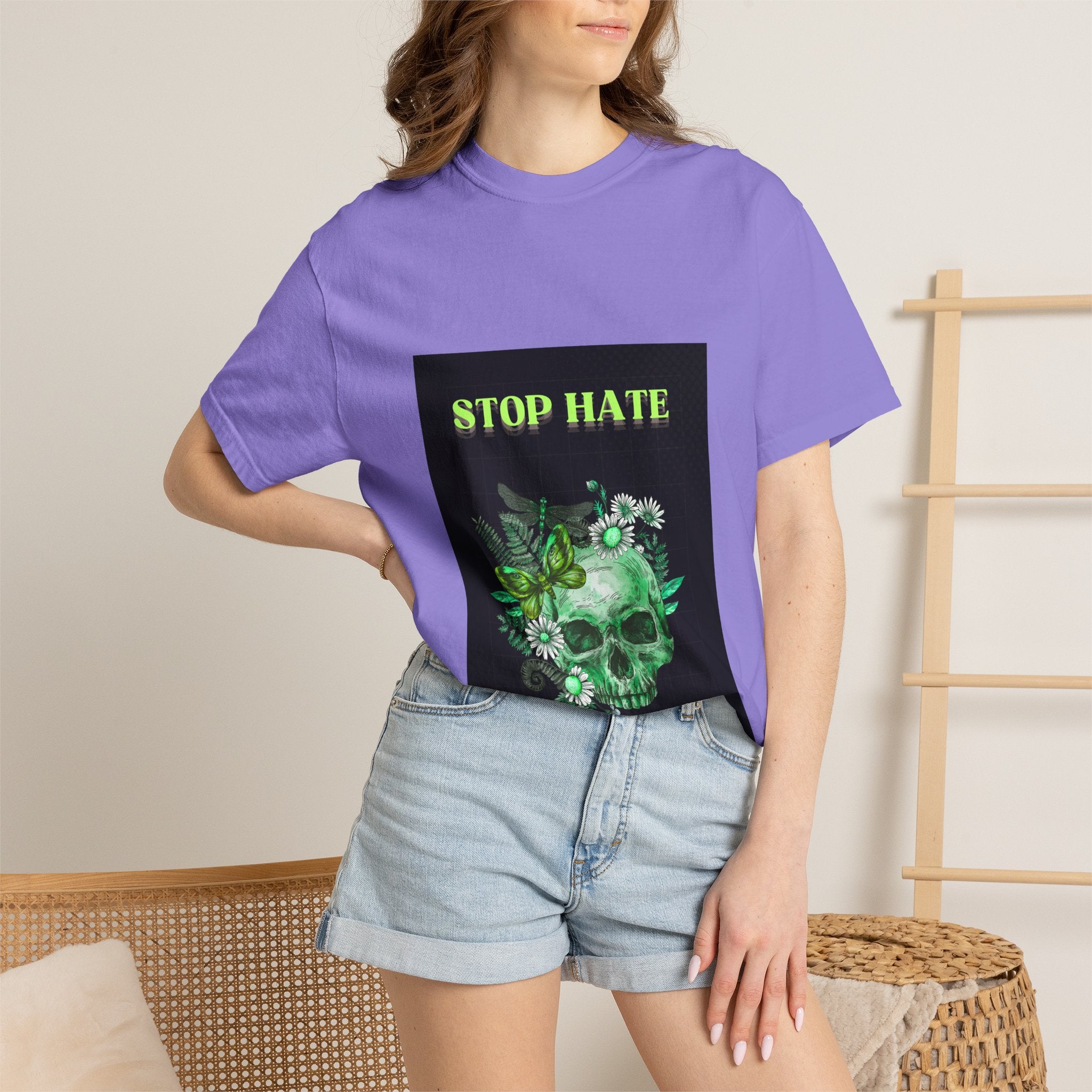 Stop Hate Skull T-Shirt — Green Floral Skull Graphic Tee