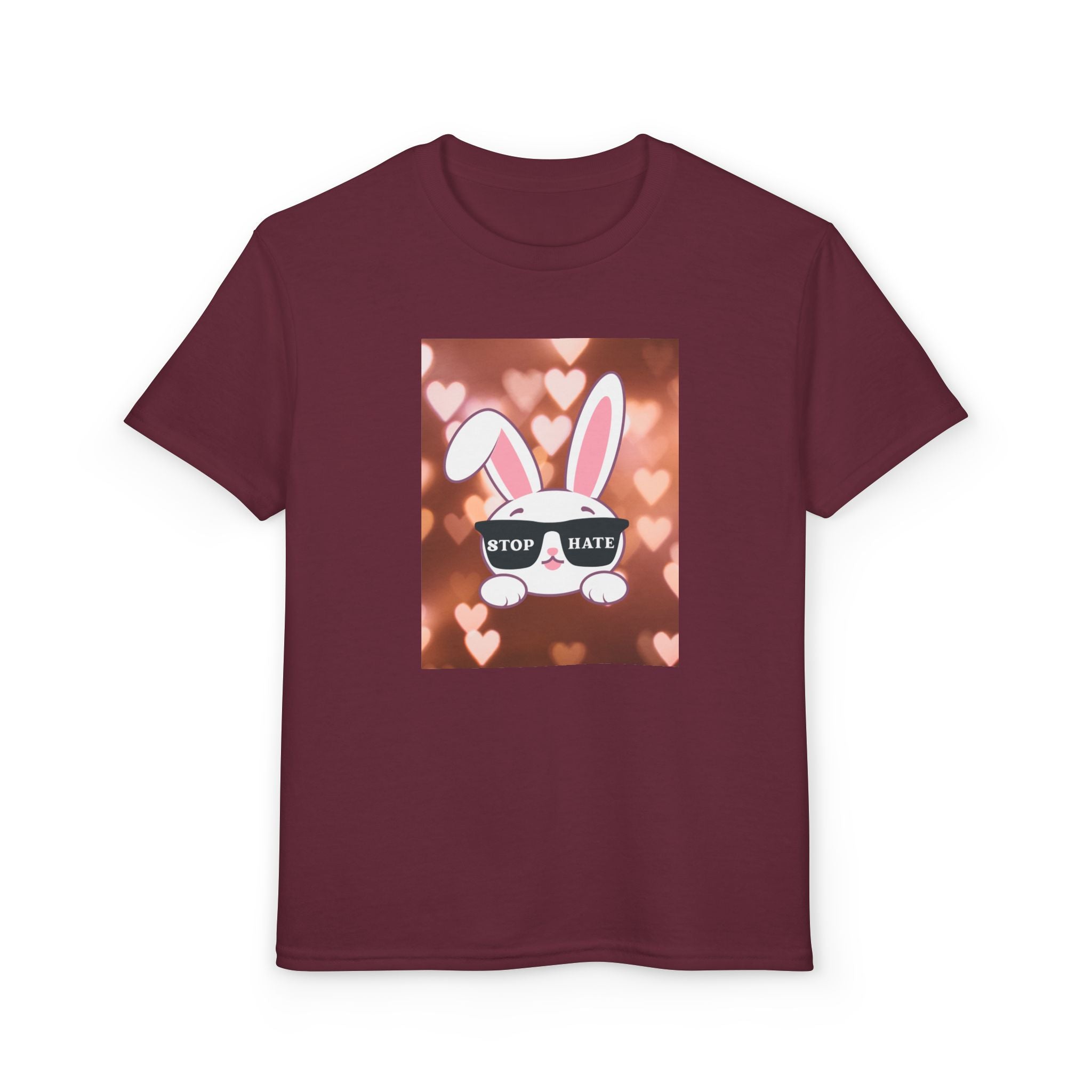Youth T-Shirt — Cute Bunny with 'Stop the Hate' Sunglasses | Kids Anti-Bullying Tee