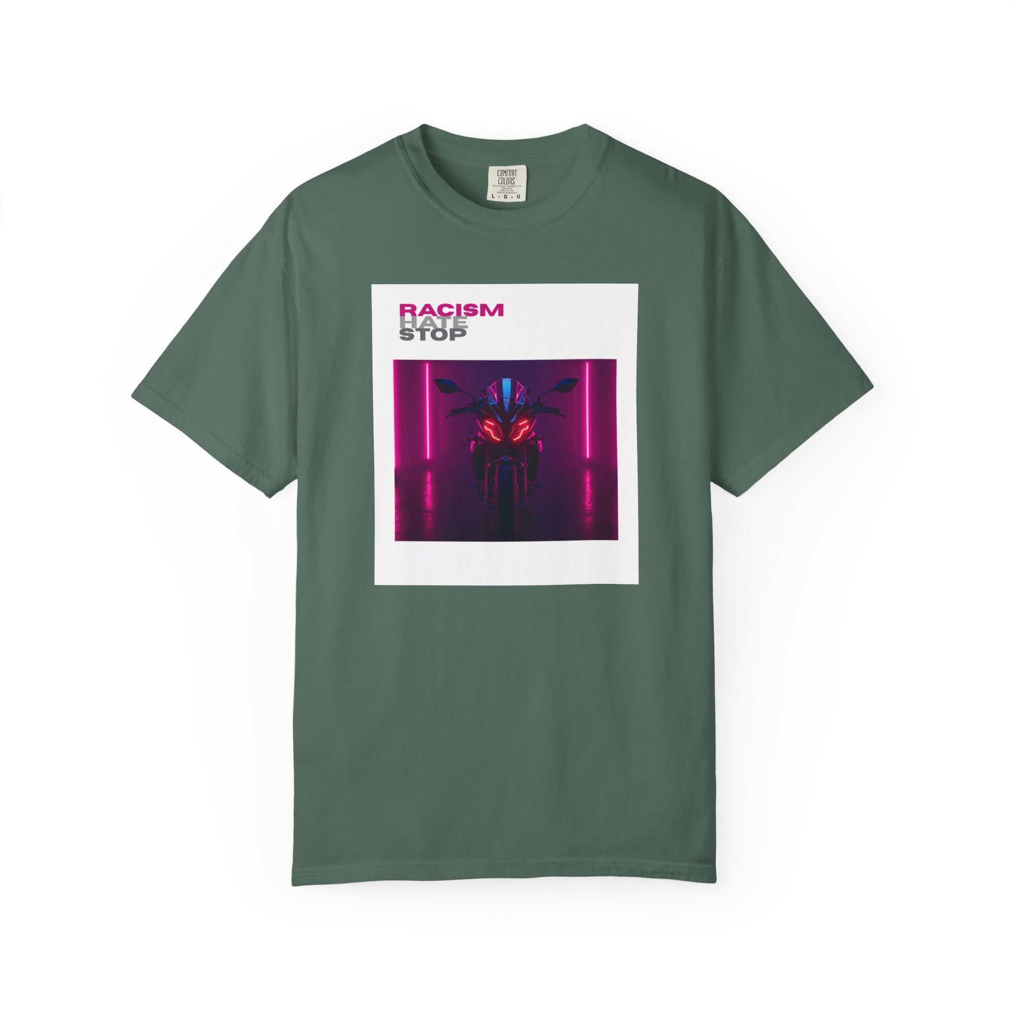 Anti-Racism Graphic T-Shirt — “Racism Stop” Neon Robot Design