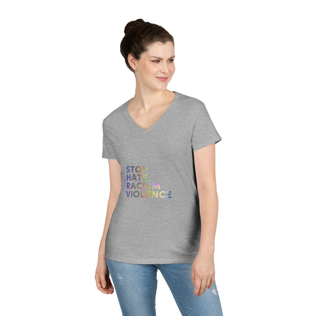 Stop Hate Racism Violence V-Neck Tee — Women’s Social Justice T-Shirt