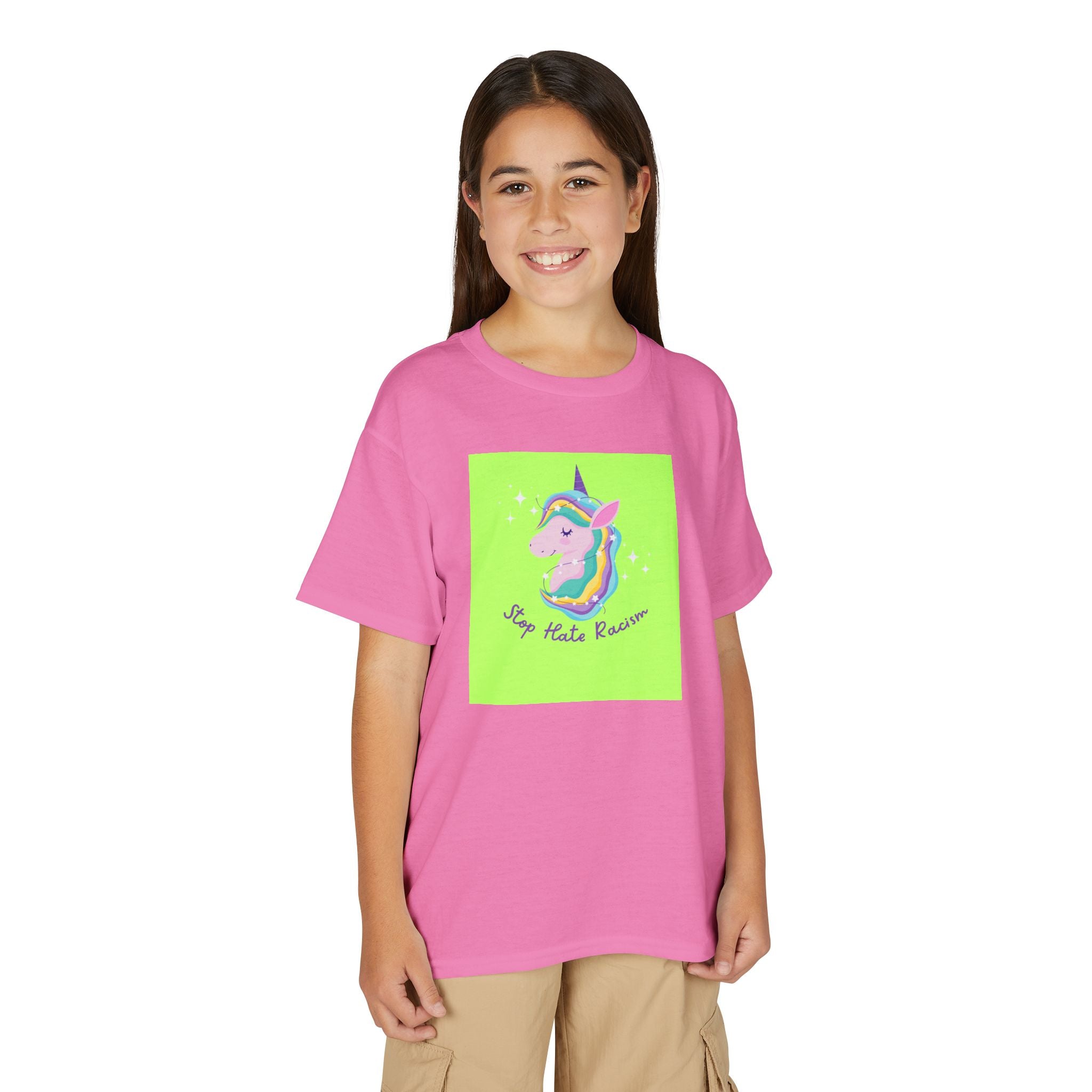 Youth T-Shirt — Rainbow Unicorn “Stop Hate Racism” Graphic