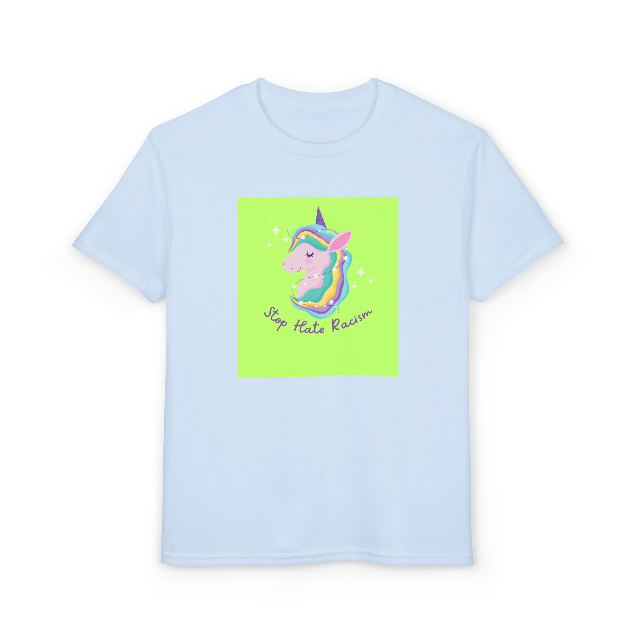 Youth T-Shirt — Rainbow Unicorn “Stop Hate Racism” Graphic