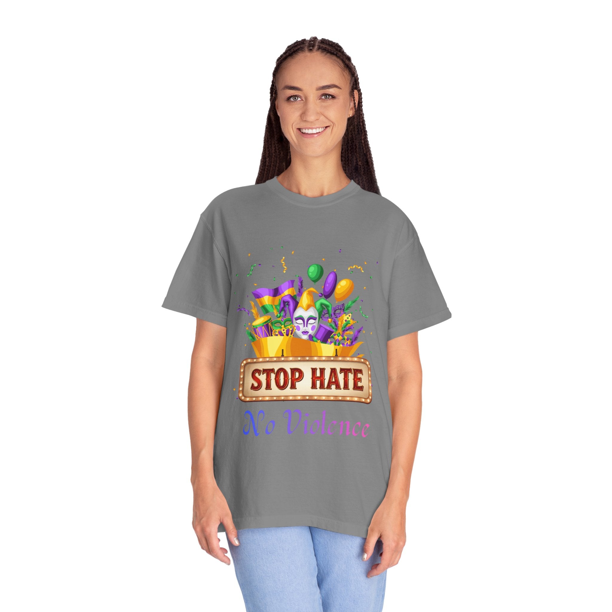 T-Shirt — "Stop Hate, No Violence" Mardi Gras Parade Design