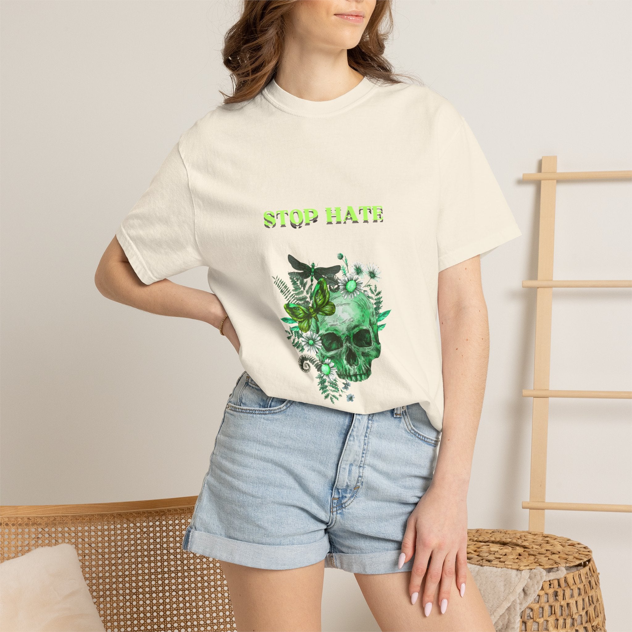 Stop Hate Skull T-Shirt — Green Floral Skull Graphic Tee