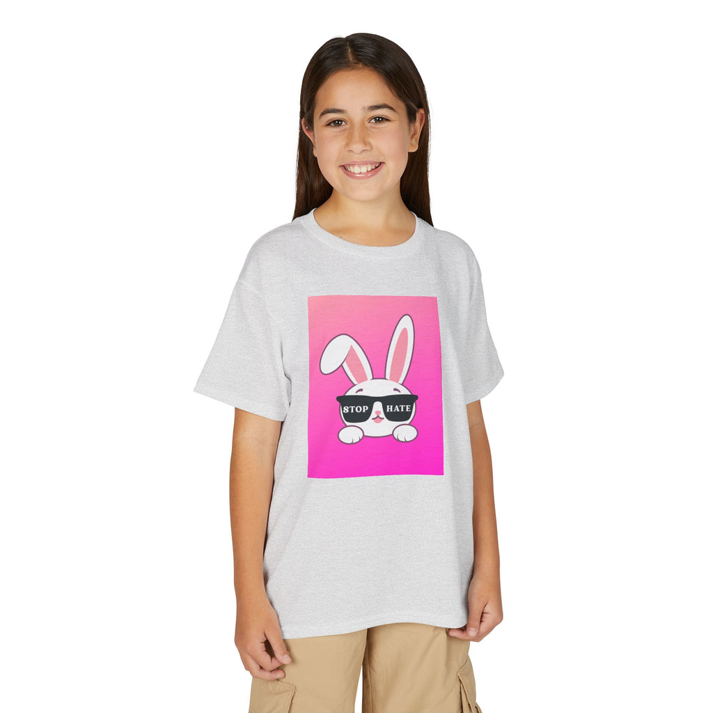Youth T-Shirt — Pink Bunny "Stop Hate" Graphic