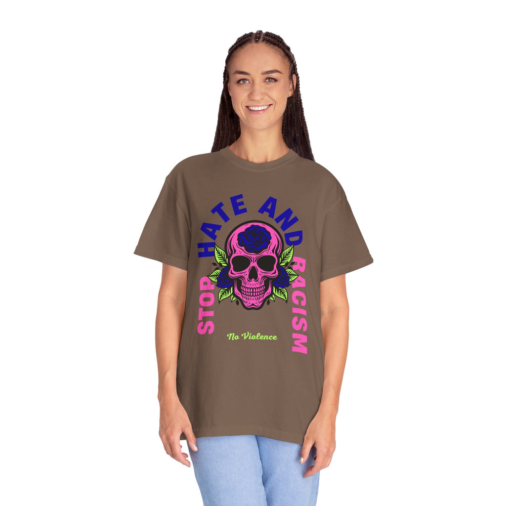 Stop Hate and Racism Skull T-Shirt — Anti-Racism Statement Tee