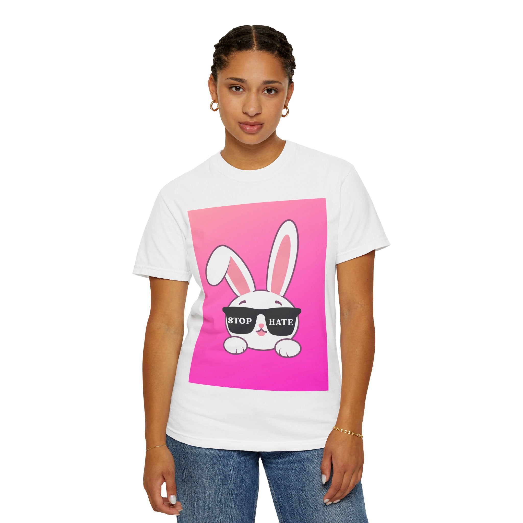 Stop Hate Bunny T‑Shirt — Pink Gradient Anti‑Hate Tee