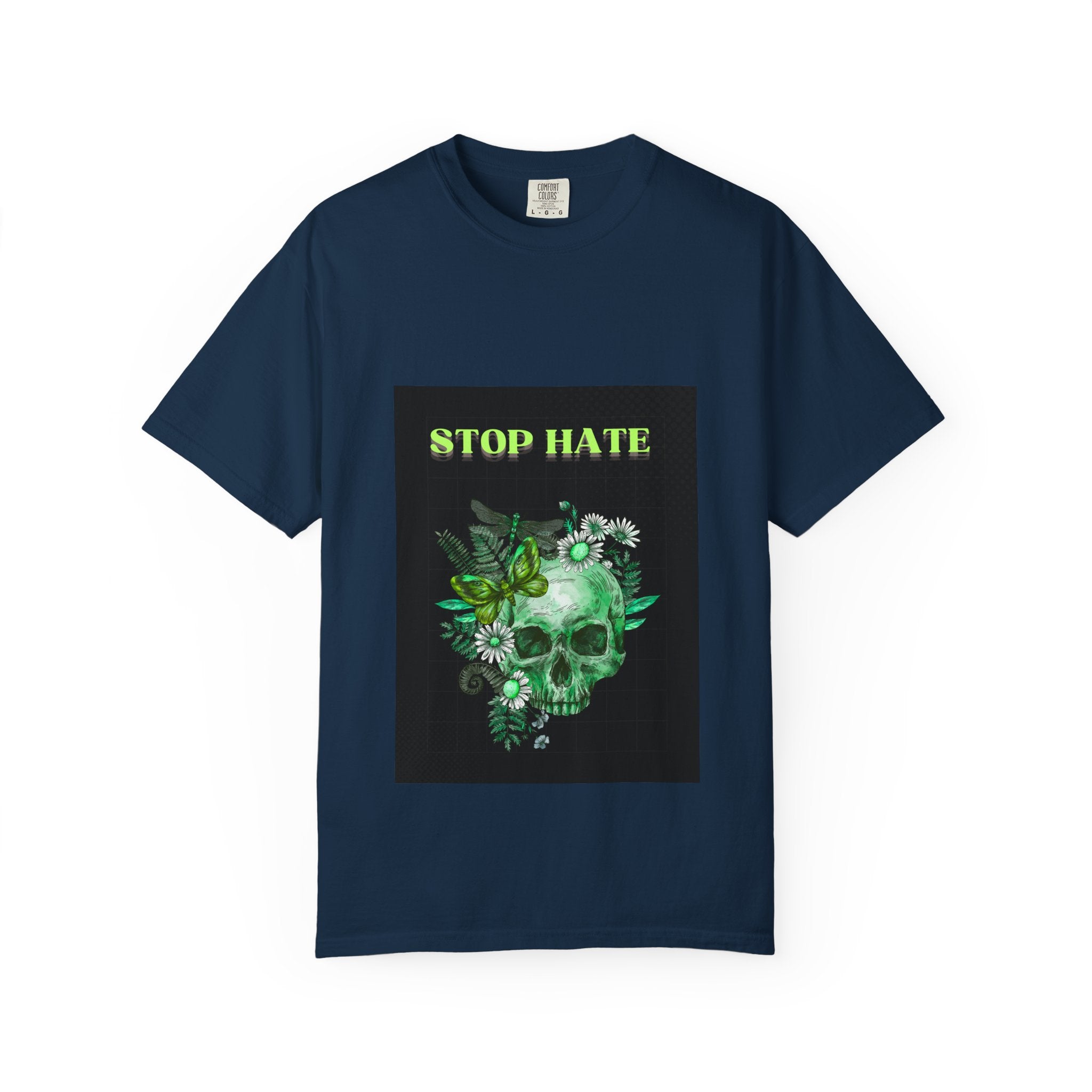 Stop Hate Skull T-Shirt — Green Floral Skull Graphic Tee