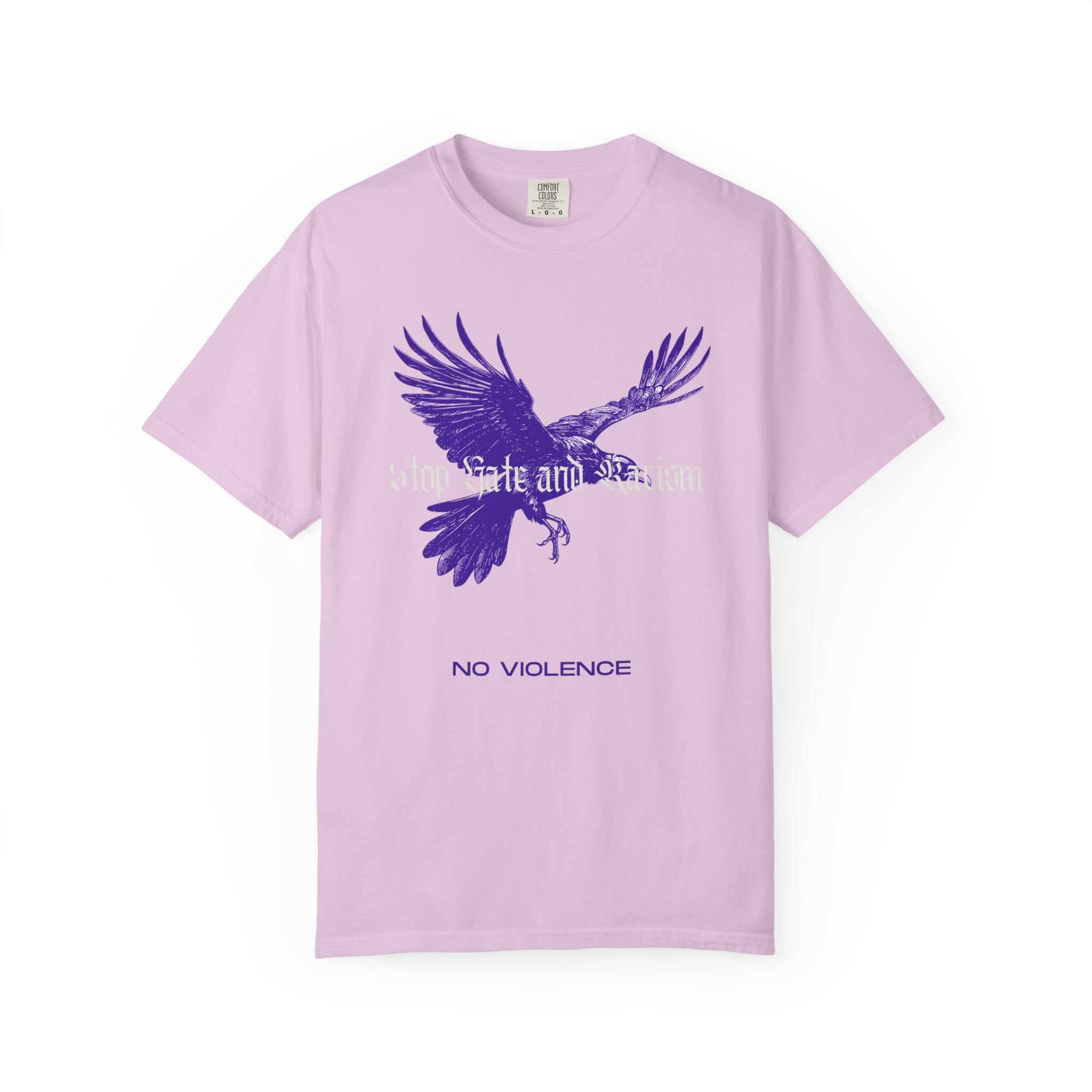 No Violence Raven T-Shirt — Purple Flying Crow Graphic Tee