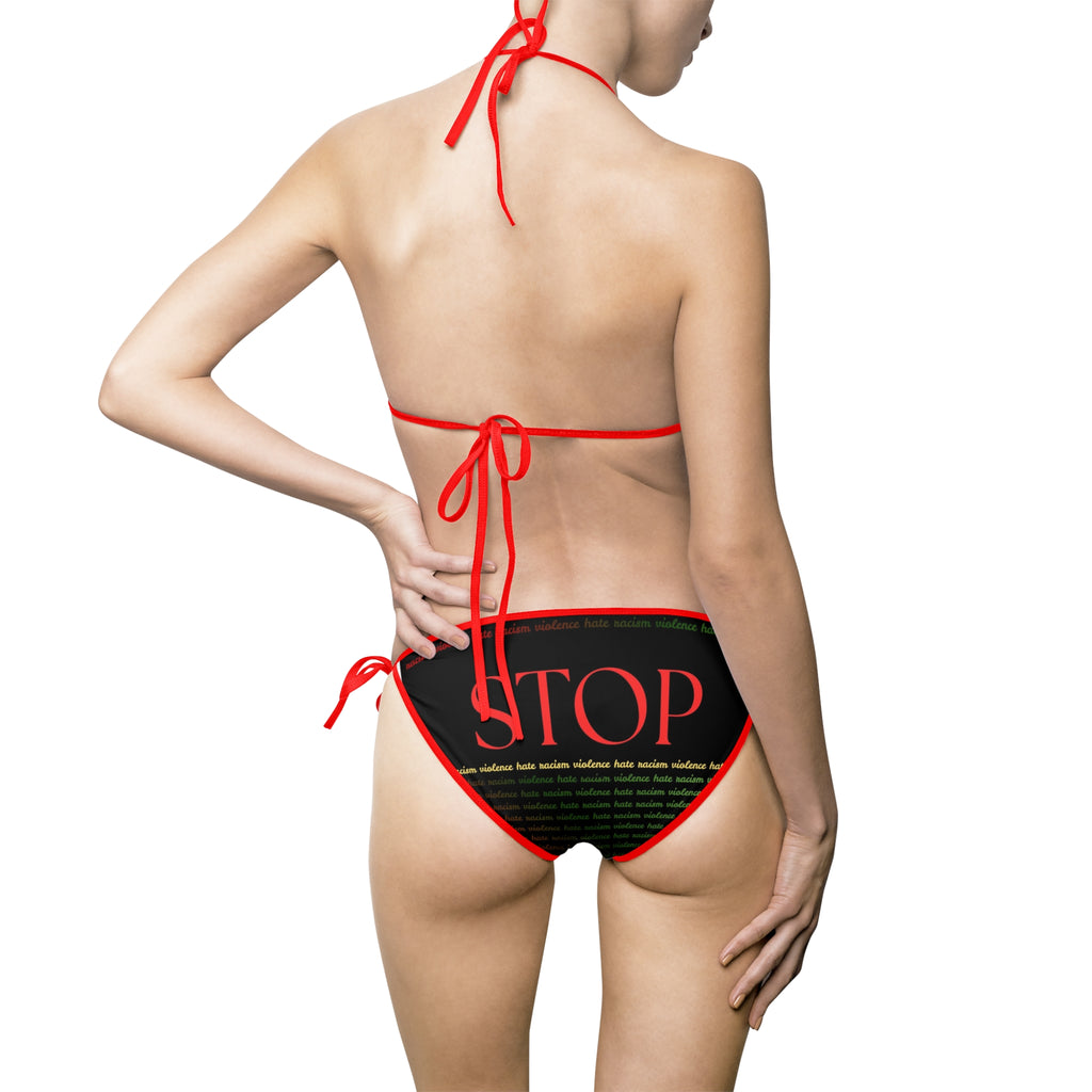 STOP Text Black Graphic Bikini — Protest Statement Swimsuit