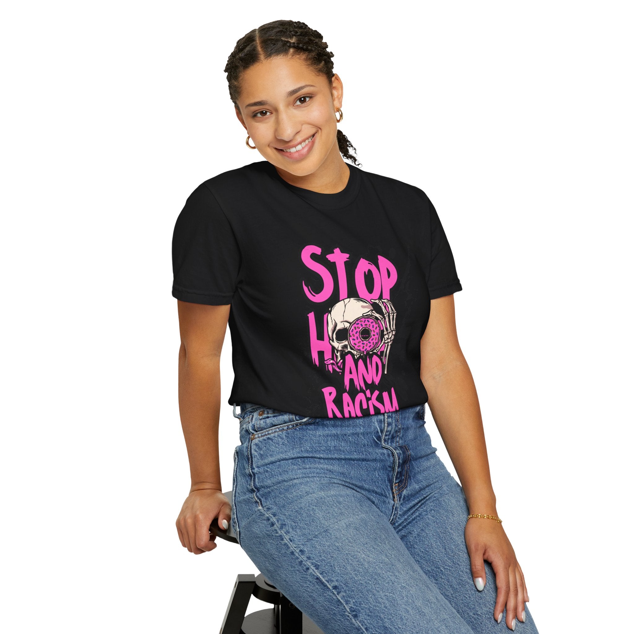 Stop H8 and Racism Graphic Tee — Anti-Racism Skull Donut Protest T-Shirt
