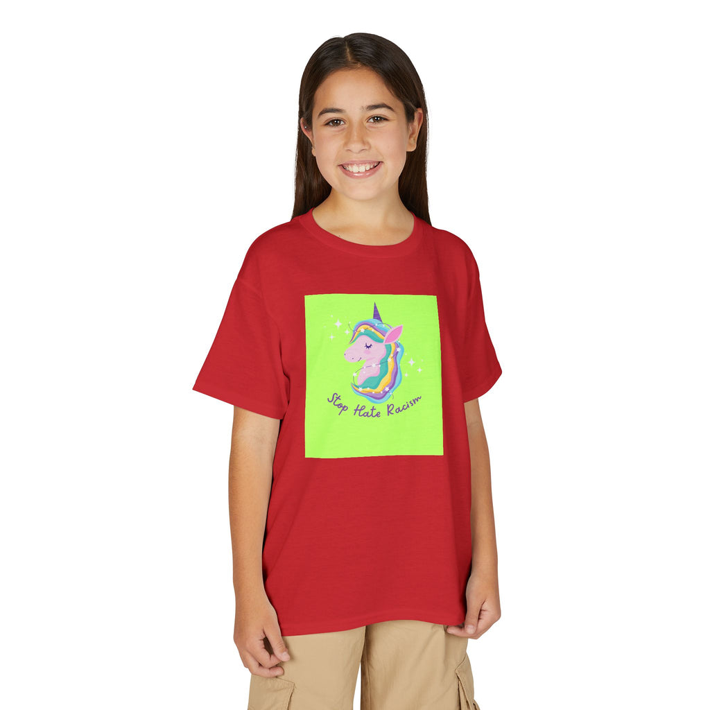 Youth T-Shirt — Rainbow Unicorn “Stop Hate Racism” Graphic