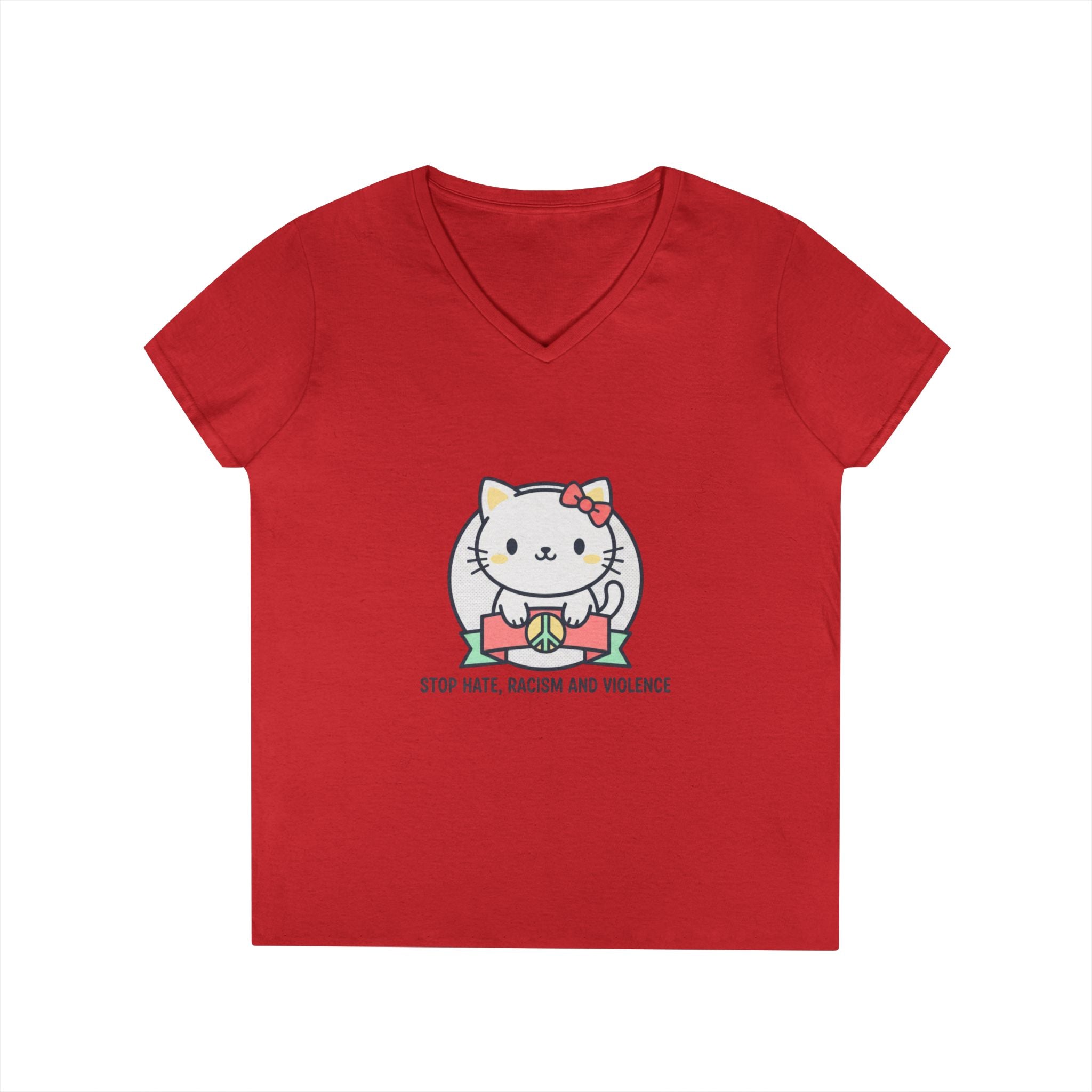 Stop Hate Kitty V-Neck Tee — Cute Anti-Racism Message Shirt