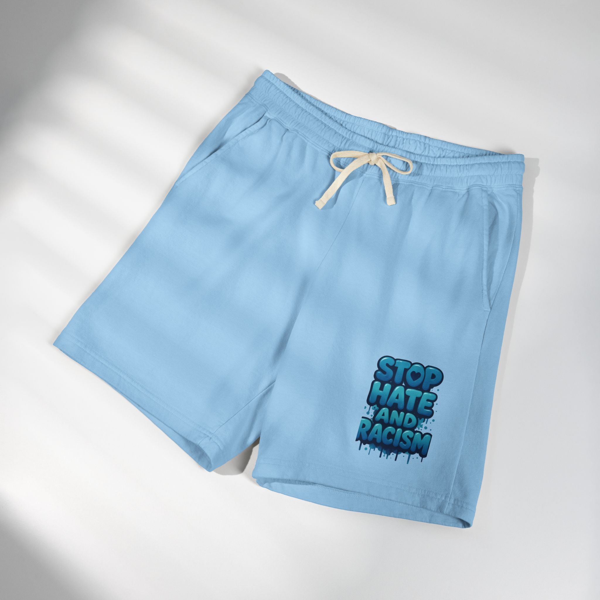 Stop Hate and Racism Fleece Sweat Shorts — Garment-Dyed Lightweight Lounge Shorts
