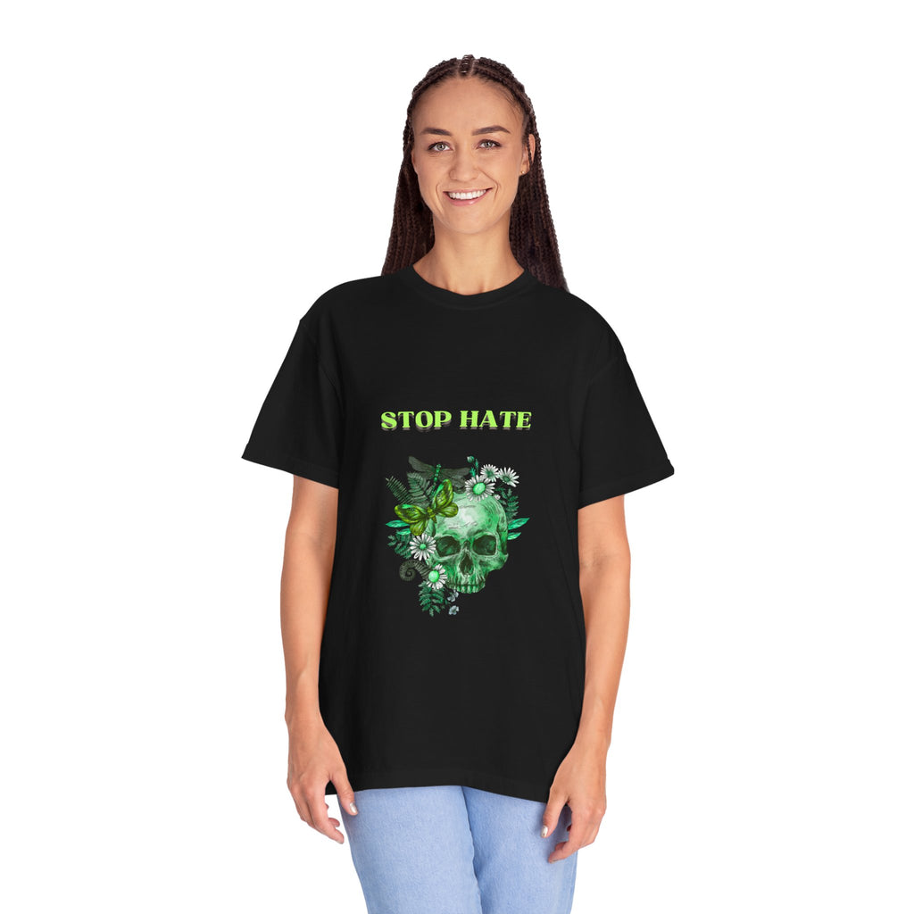 Stop Hate Skull T-Shirt — Green Floral Skull Graphic Tee