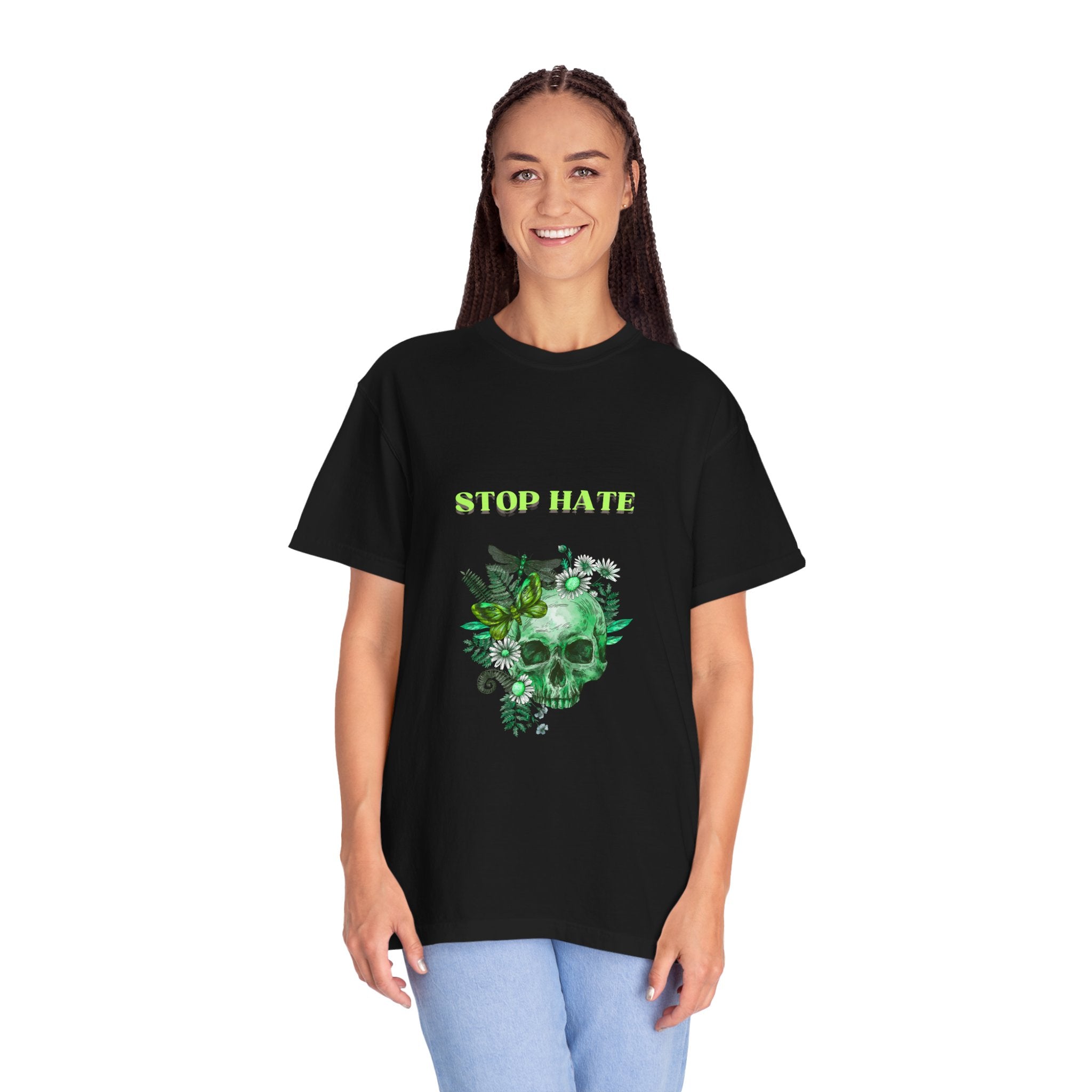 Stop Hate Skull T-Shirt — Green Floral Skull Graphic Tee