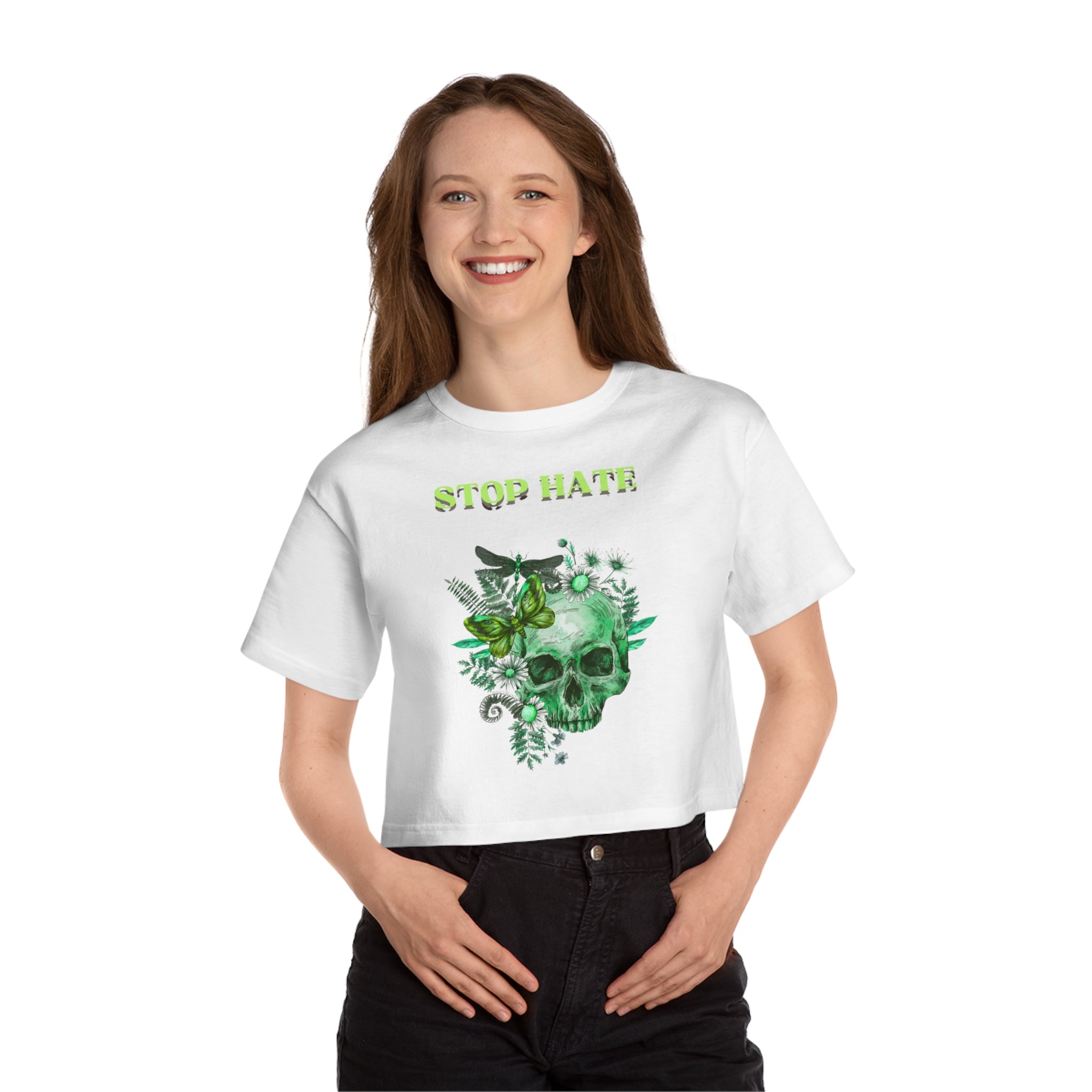 Stop Hate Skull Crop Tee — Women's Green Floral Peace Graphic