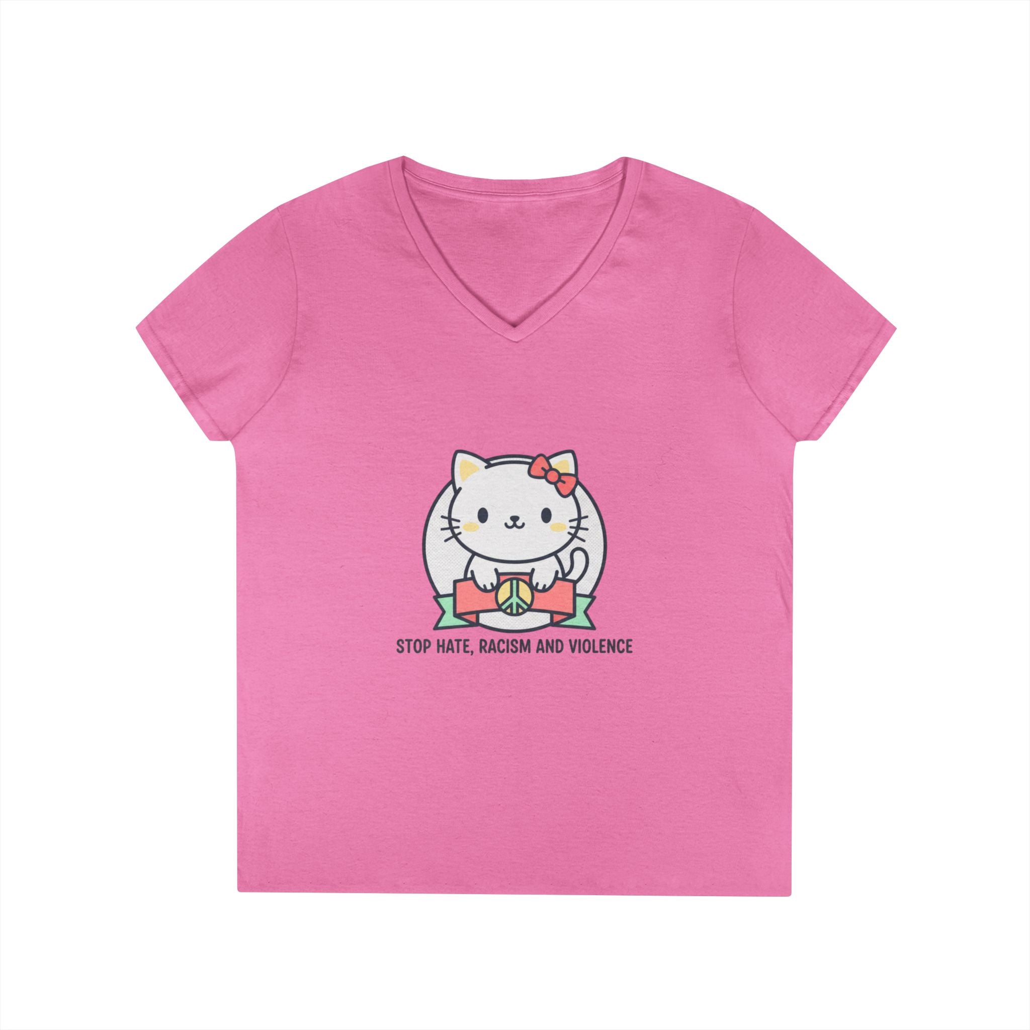Stop Hate Kitty V-Neck Tee — Cute Anti-Racism Message Shirt