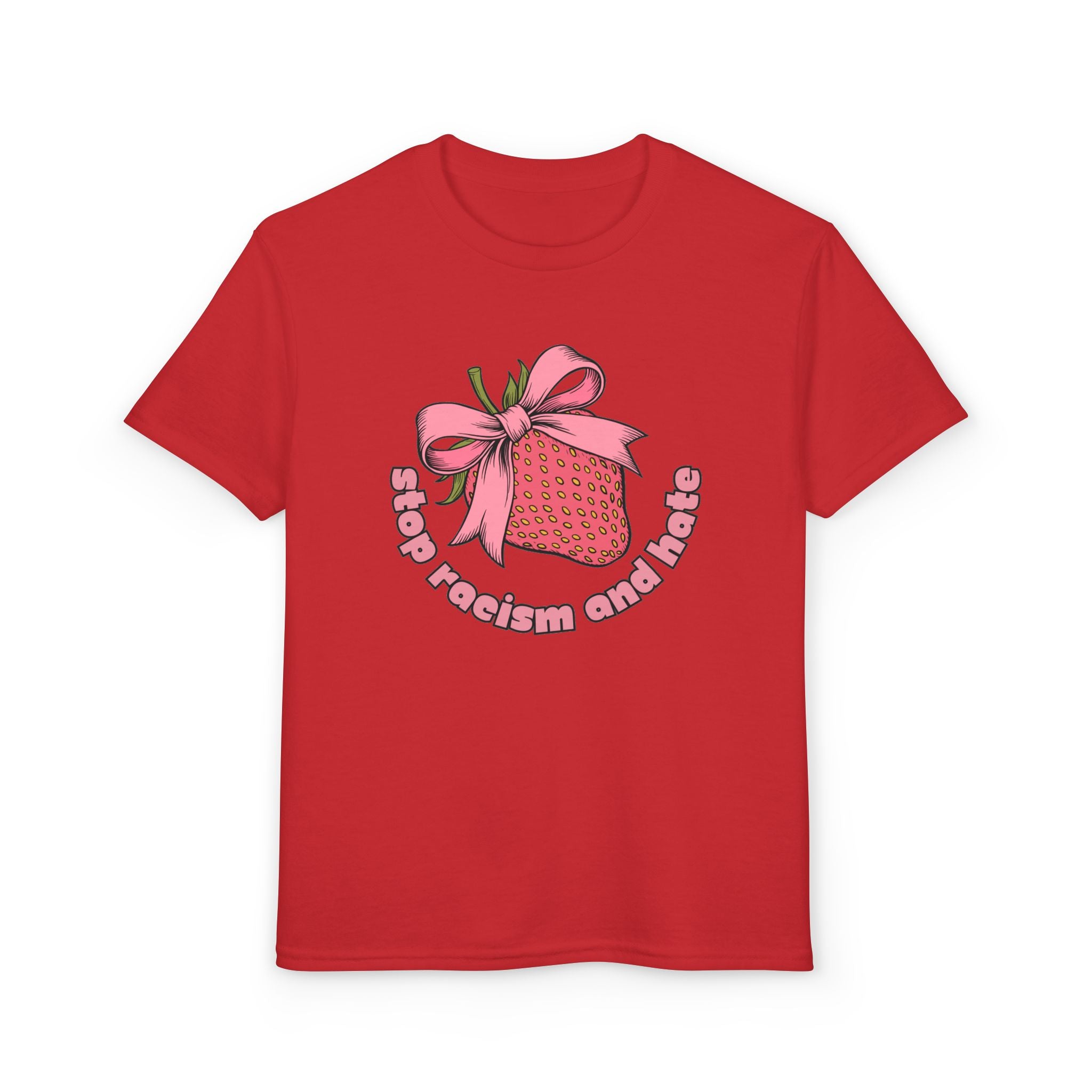 Youth T-Shirt — Cute Pink Gift Box Graphic with "Stop, Realism and Races" Slogan