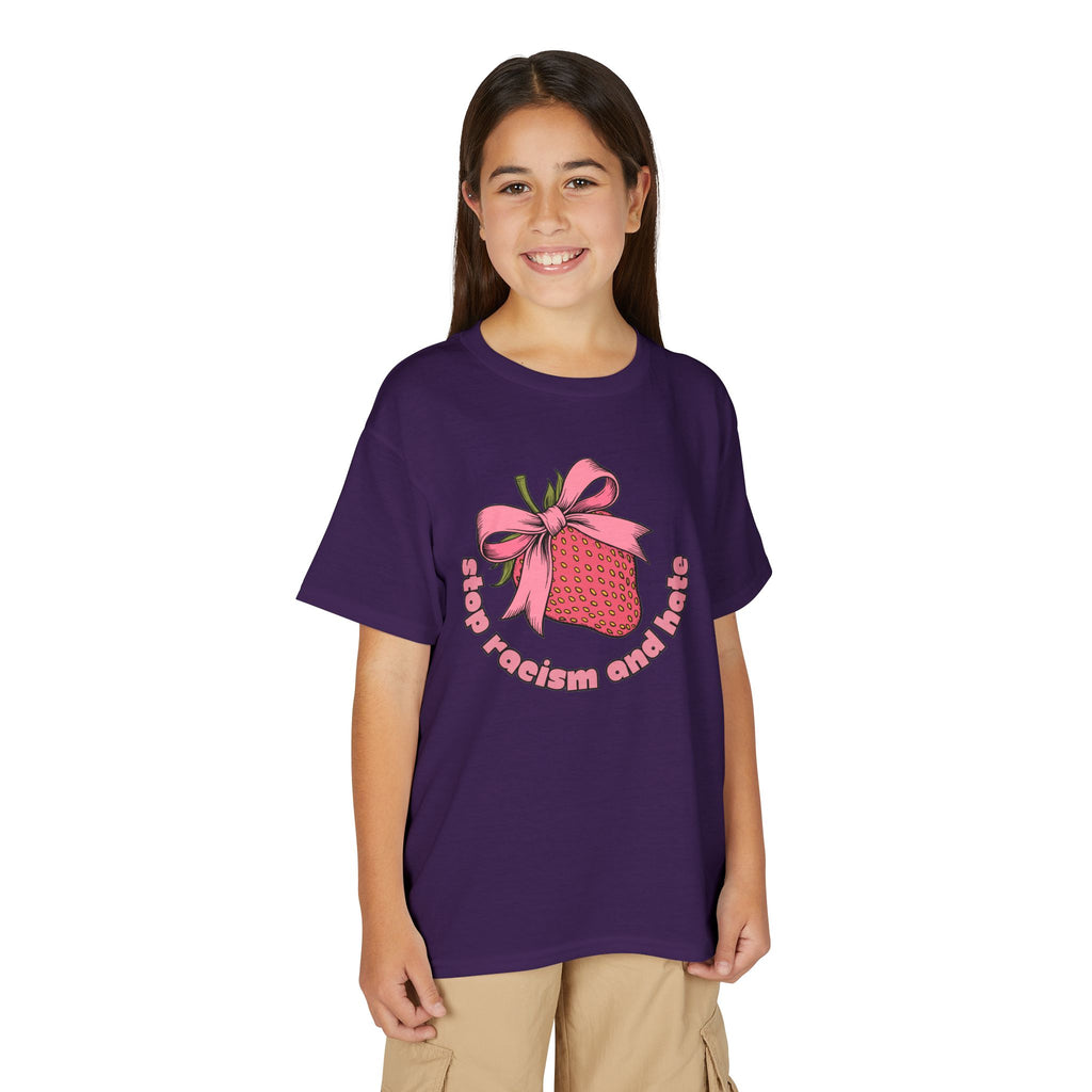 Youth T-Shirt — Cute Pink Gift Box Graphic with "Stop, Realism and Races" Slogan