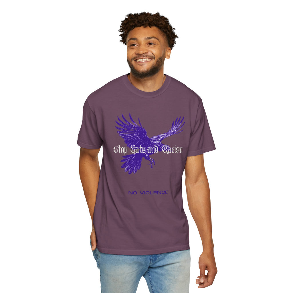 No Violence Raven T-Shirt — Purple Flying Crow Graphic Tee
