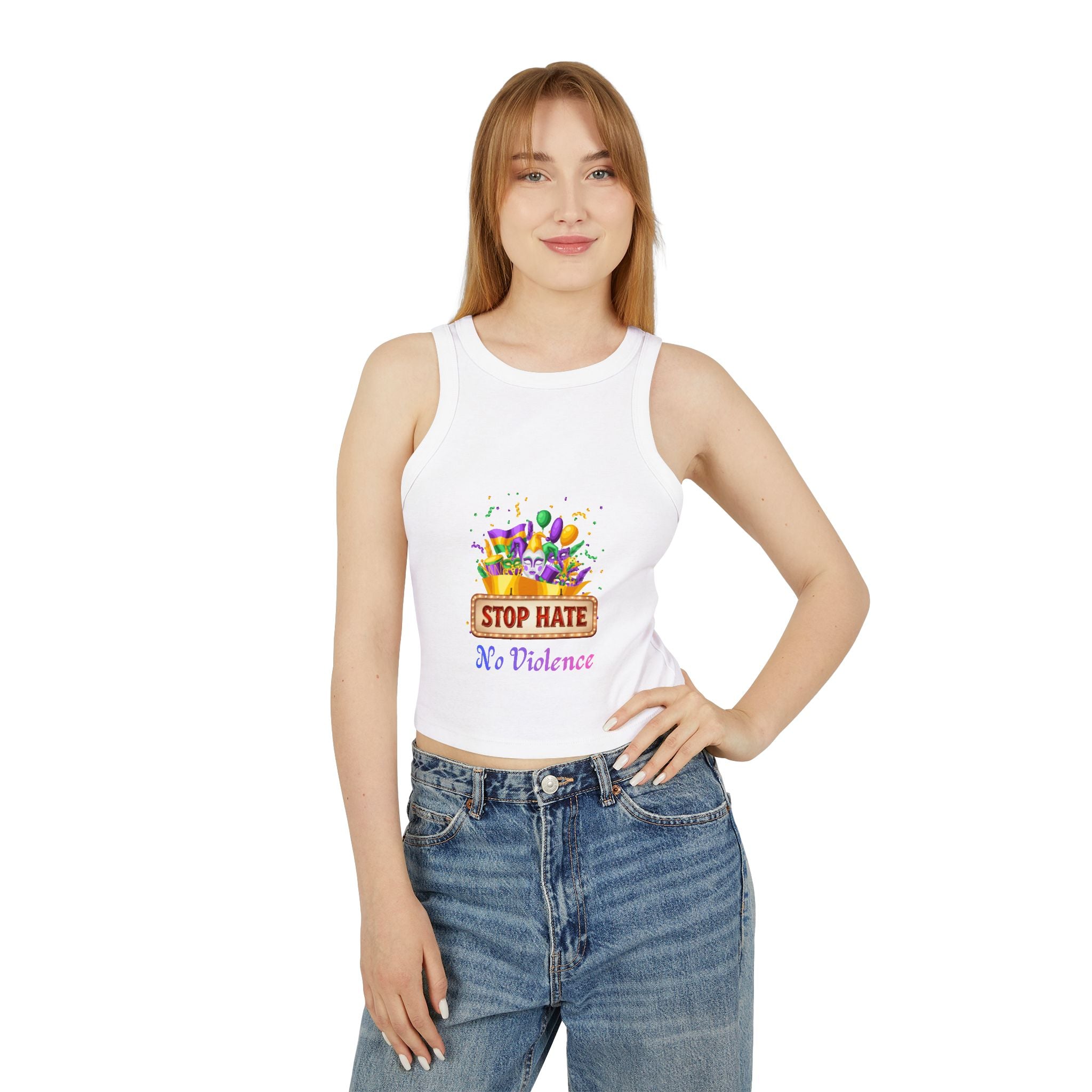 Racer Tank Top — "Stop Hate No Violence" Pride-Inspired Peace Tee