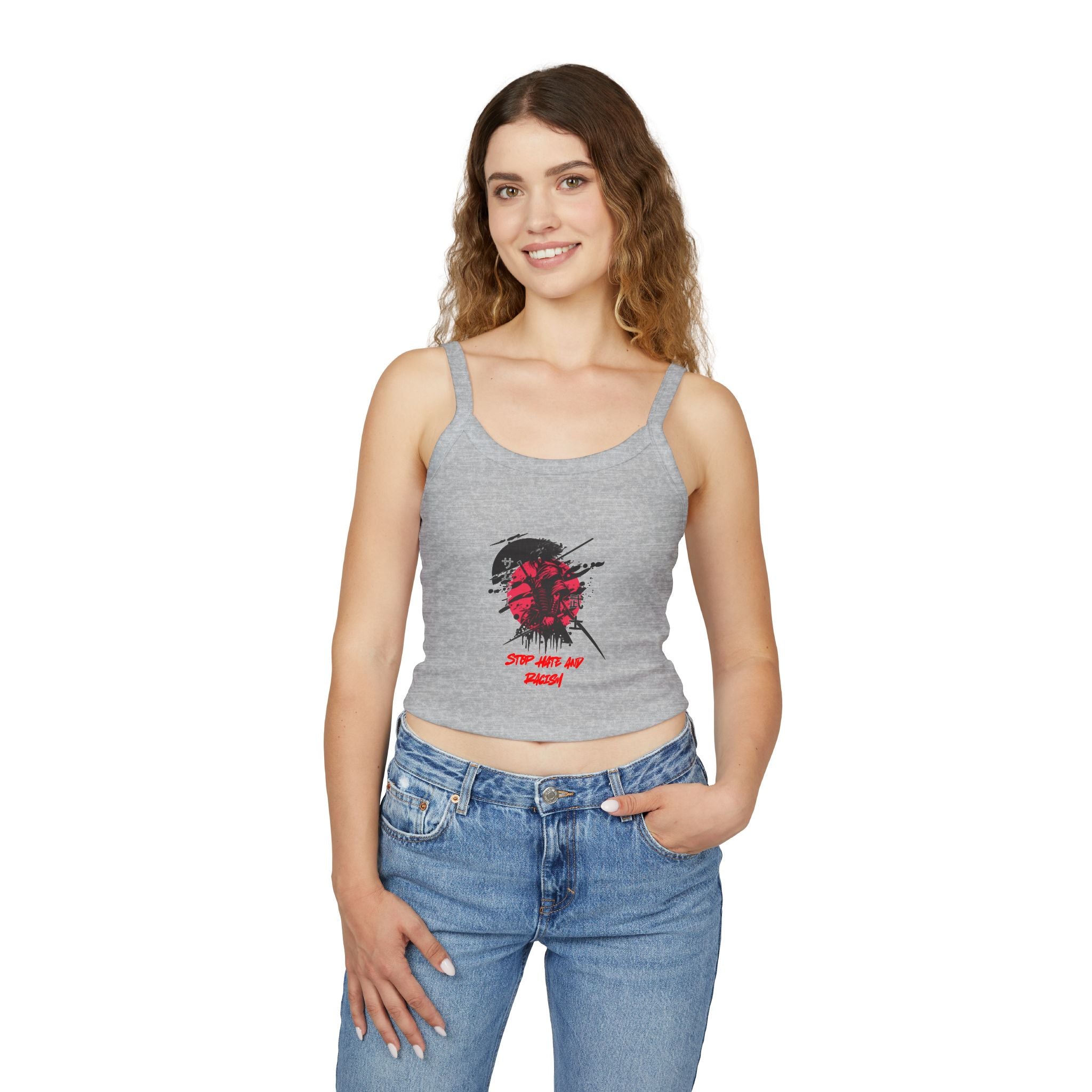 Spaghetti Tank Top – Grunge Red Rose Graphic "Stop Wishing Start"