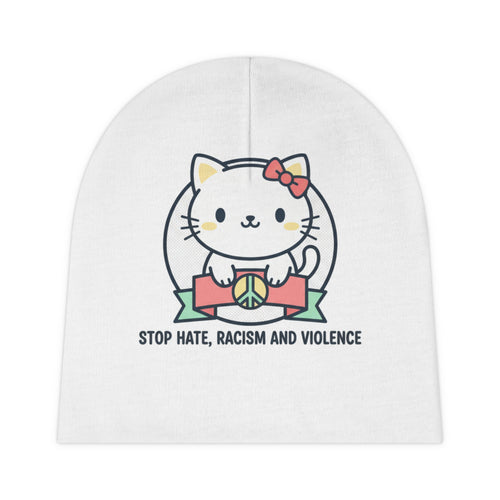 Baby Beanie — Cute Cat Peace Sign "Stop Hate, Racism and Violence" Infant Hat