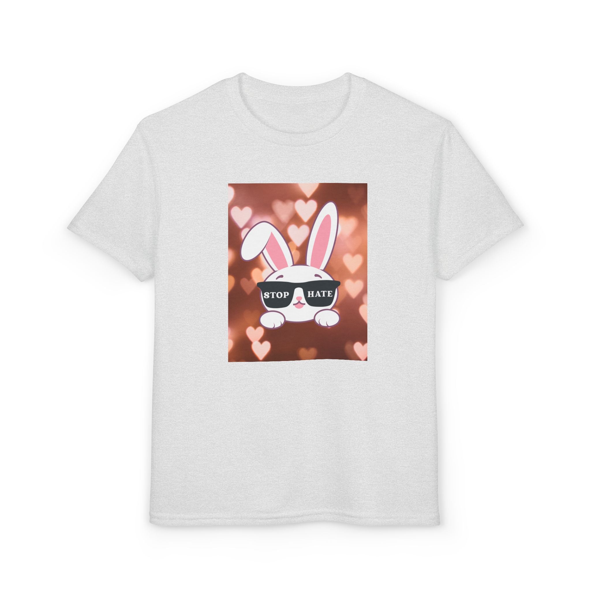 Youth T-Shirt — Cute Bunny with 'Stop the Hate' Sunglasses | Kids Anti-Bullying Tee