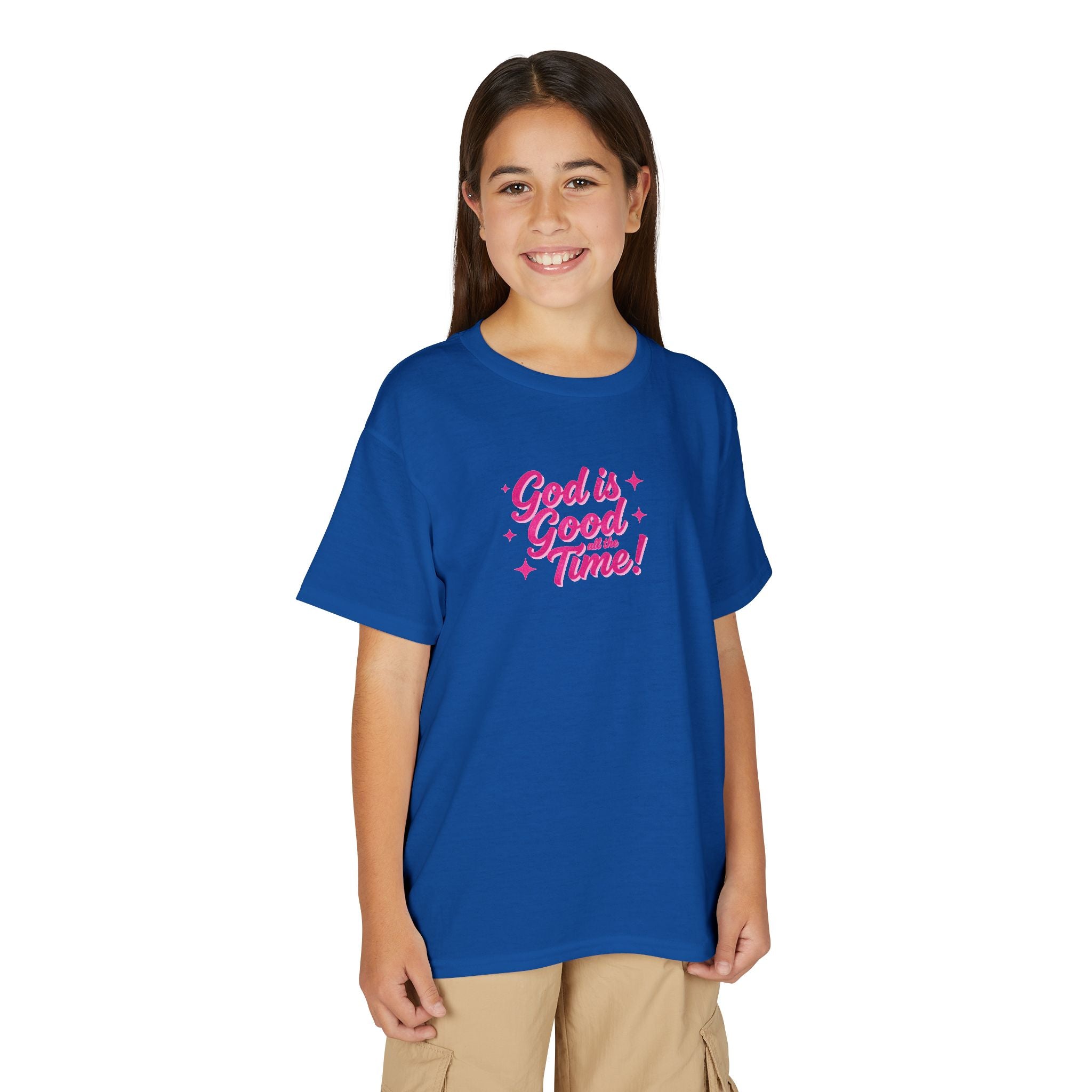 Youth T-Shirt — "God Is Good Time!" Pink Script Faith Tee