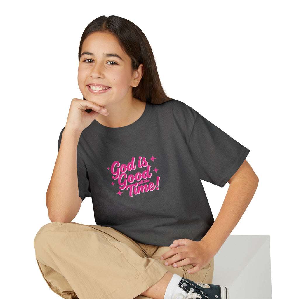 Youth T-Shirt — "God Is Good Time!" Pink Script Faith Tee