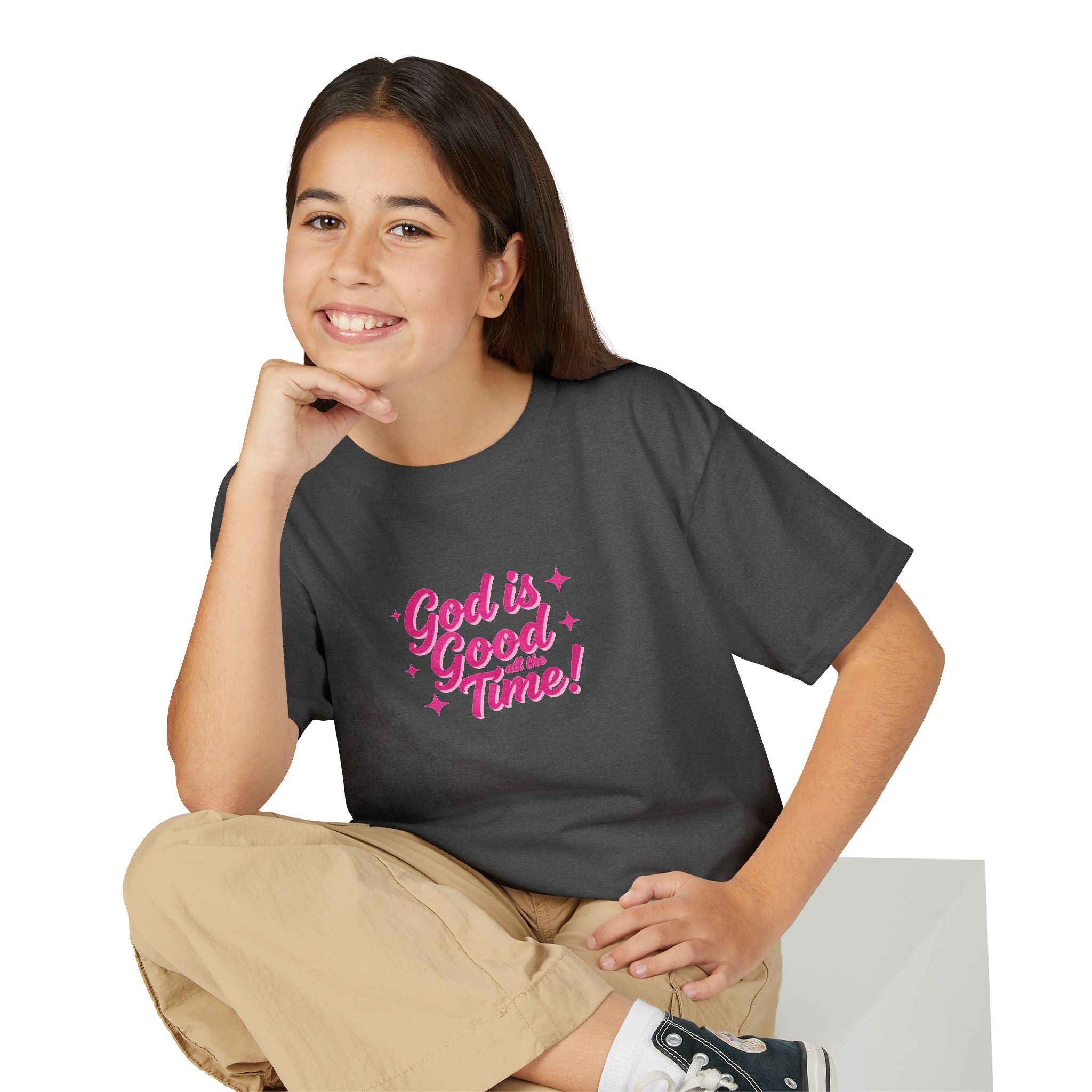 Youth T-Shirt — "God Is Good Time!" Pink Script Faith Tee