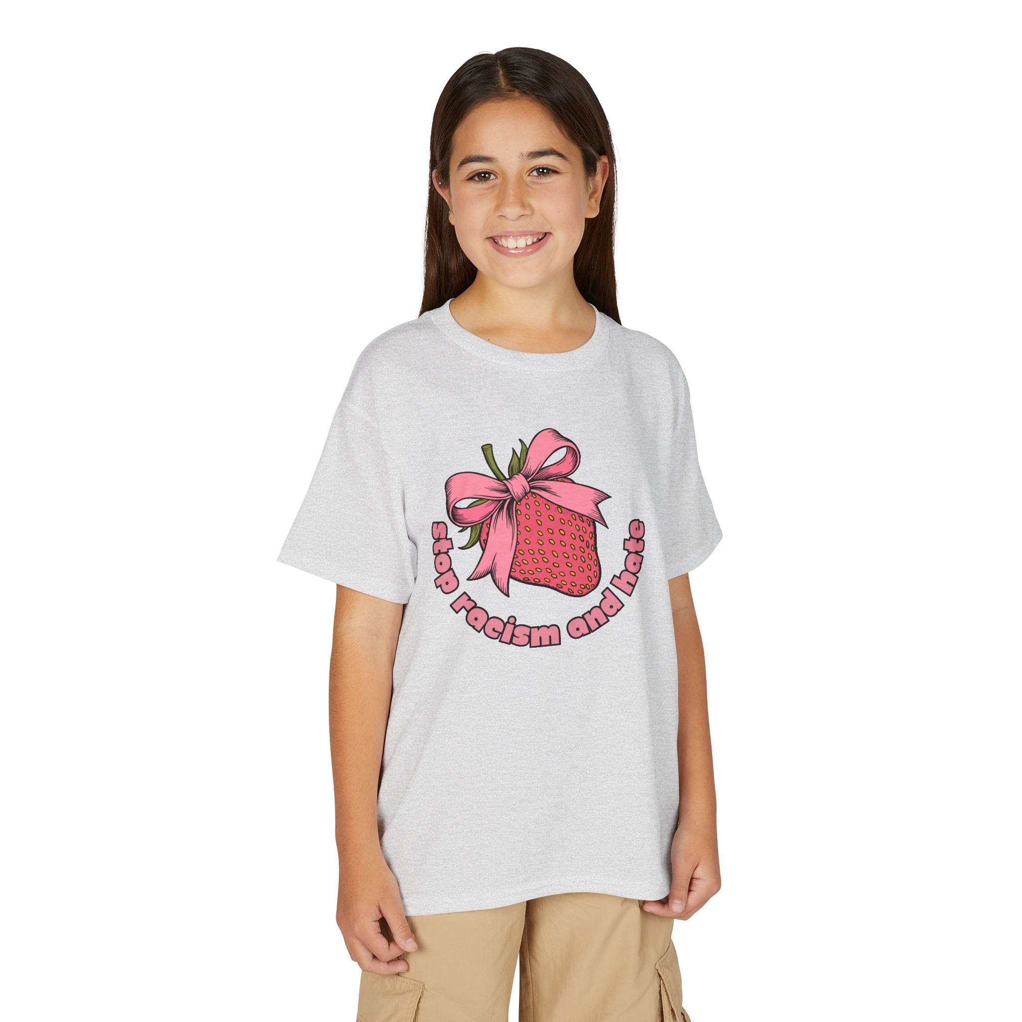 Youth T-Shirt — Cute Pink Gift Box Graphic with "Stop, Realism and Races" Slogan