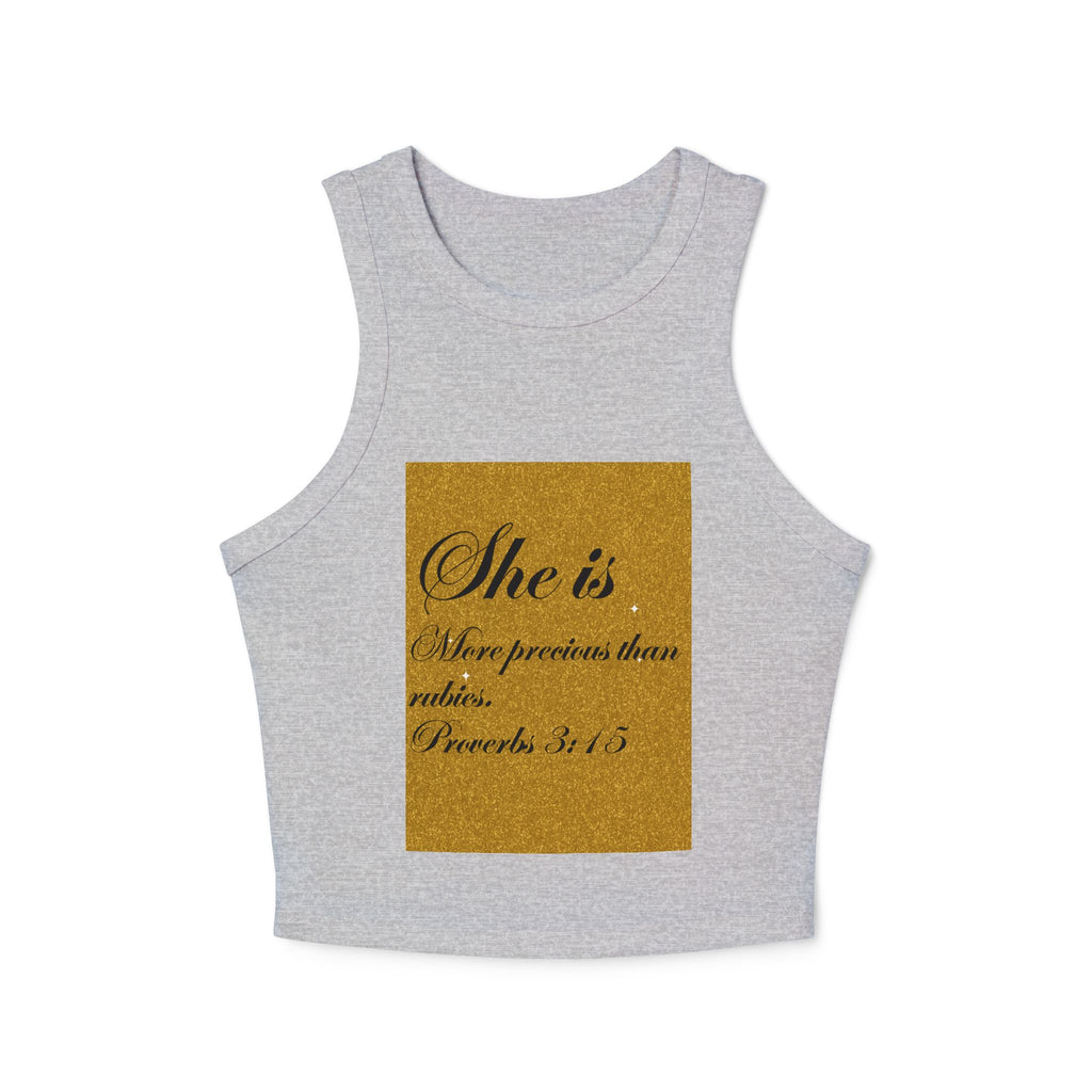Women's Racer Tank Top — "She is More Precious than Rubies" Proverbs 3:15 Scripture Tank